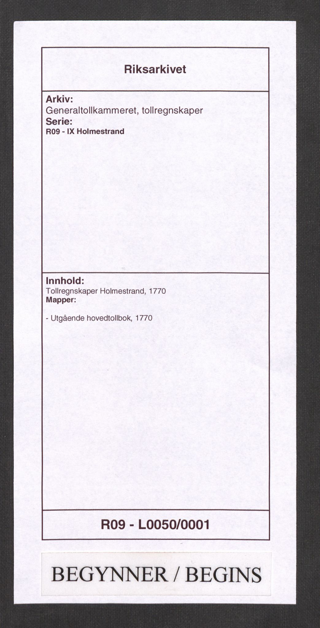 Generaltollkammeret, tollregnskaper, RA/EA-5490/R09/L0050/0001: Tollregnskaper Holmestrand / Utgående hovedtollbok, 1770