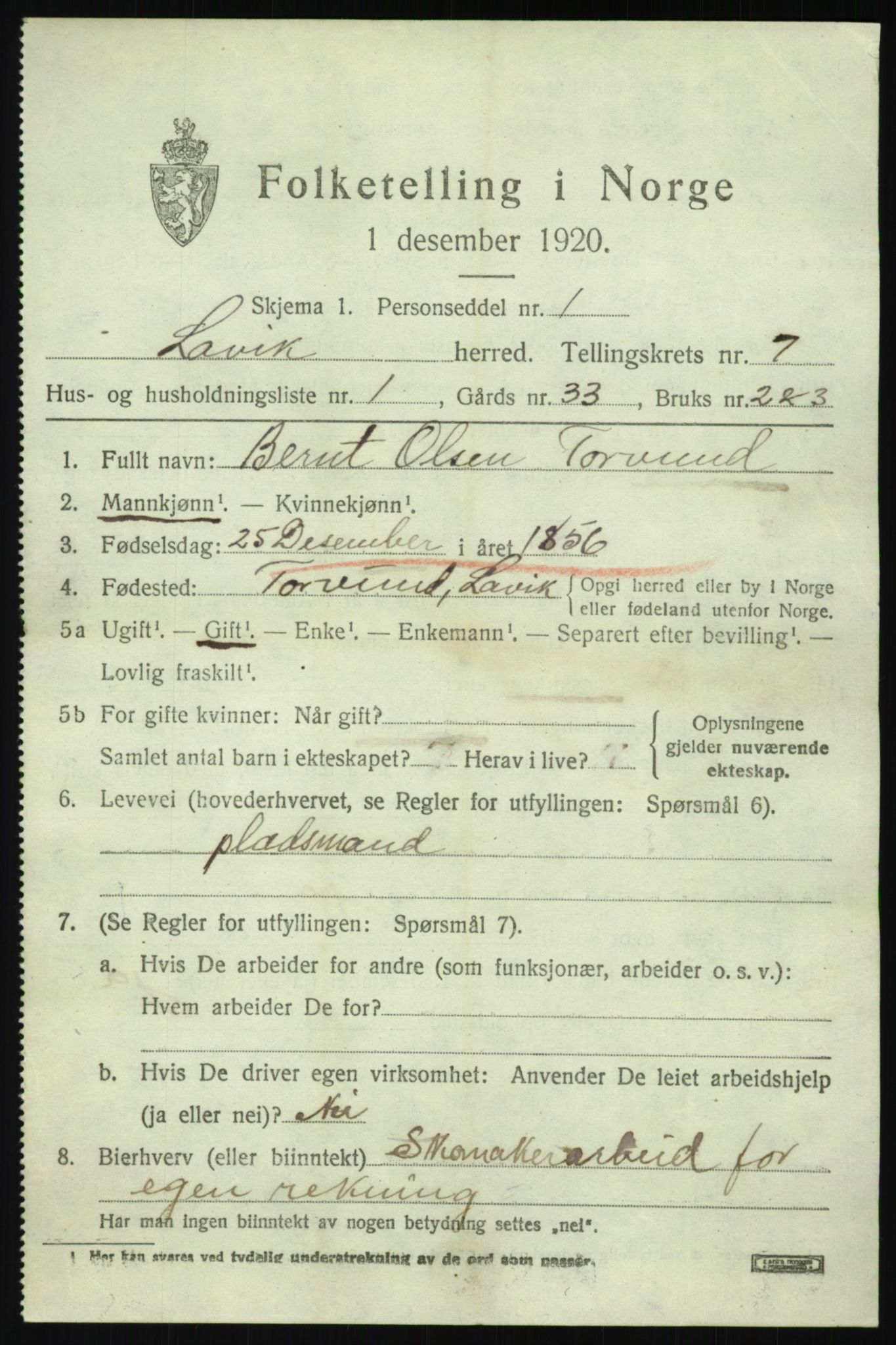 SAB, 1920 census for Lavik, 1920, p. 1524
