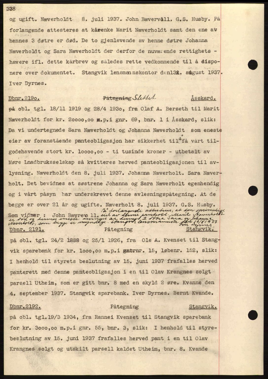 Nordmøre sorenskriveri, AV/SAT-A-4132/1/2/2Ca: Mortgage book no. C80, 1936-1939, Diary no: : 2190/1937