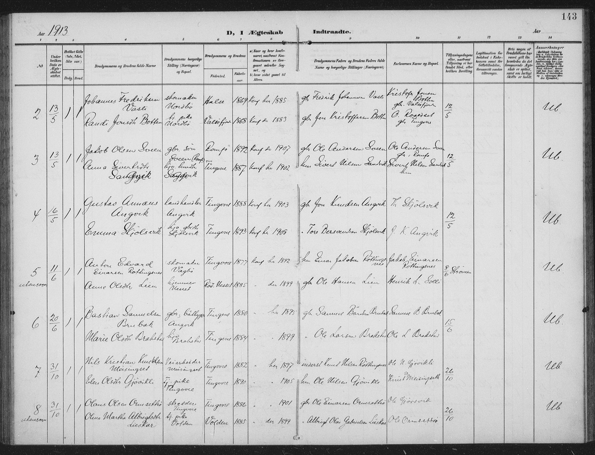 Ministerialprotokoller, klokkerbøker og fødselsregistre - Møre og Romsdal, AV/SAT-A-1454/586/L0989: Parish register (official) no. 586A15, 1906-1915, p. 143