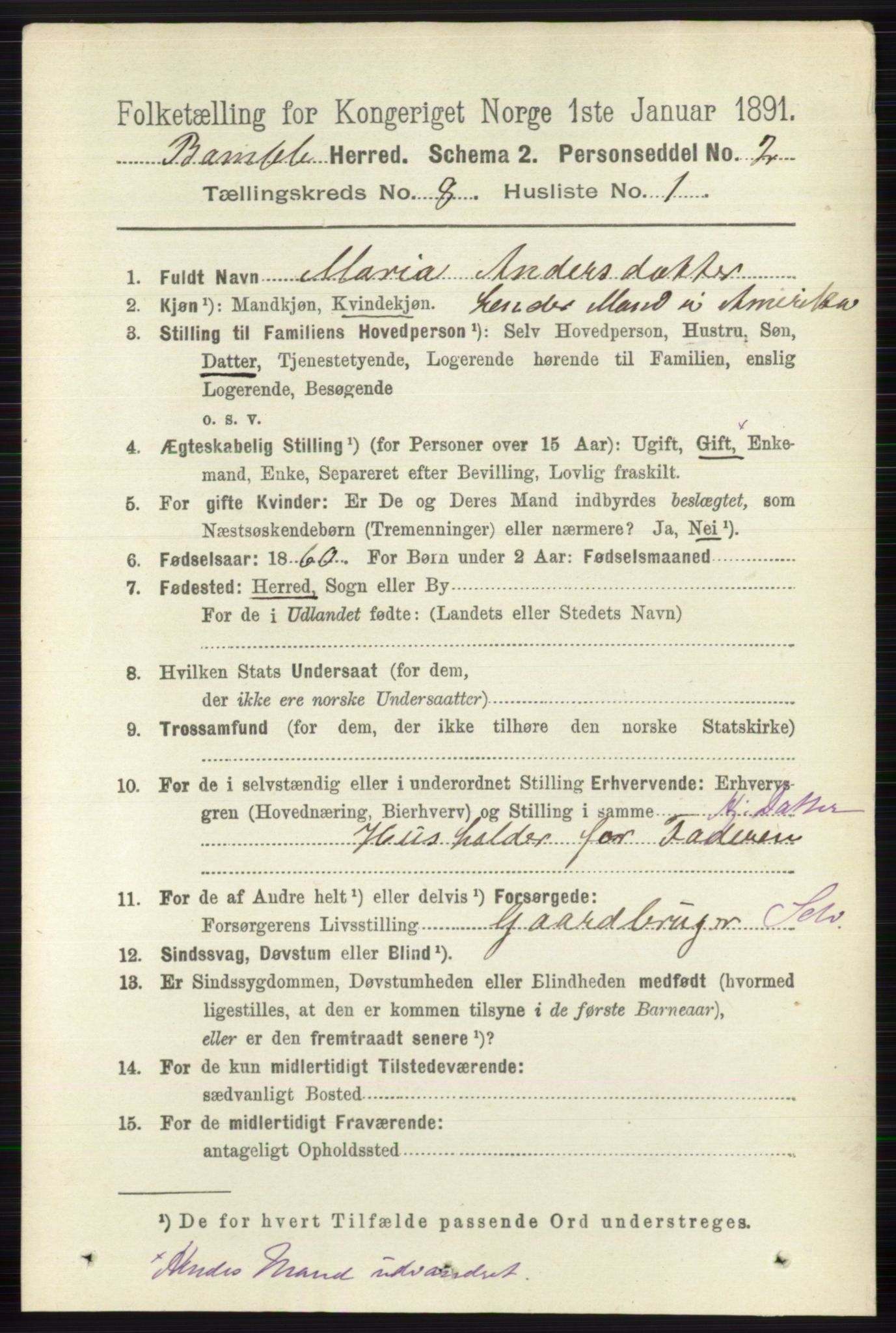 RA, 1891 census for 0814 Bamble, 1891, p. 3496