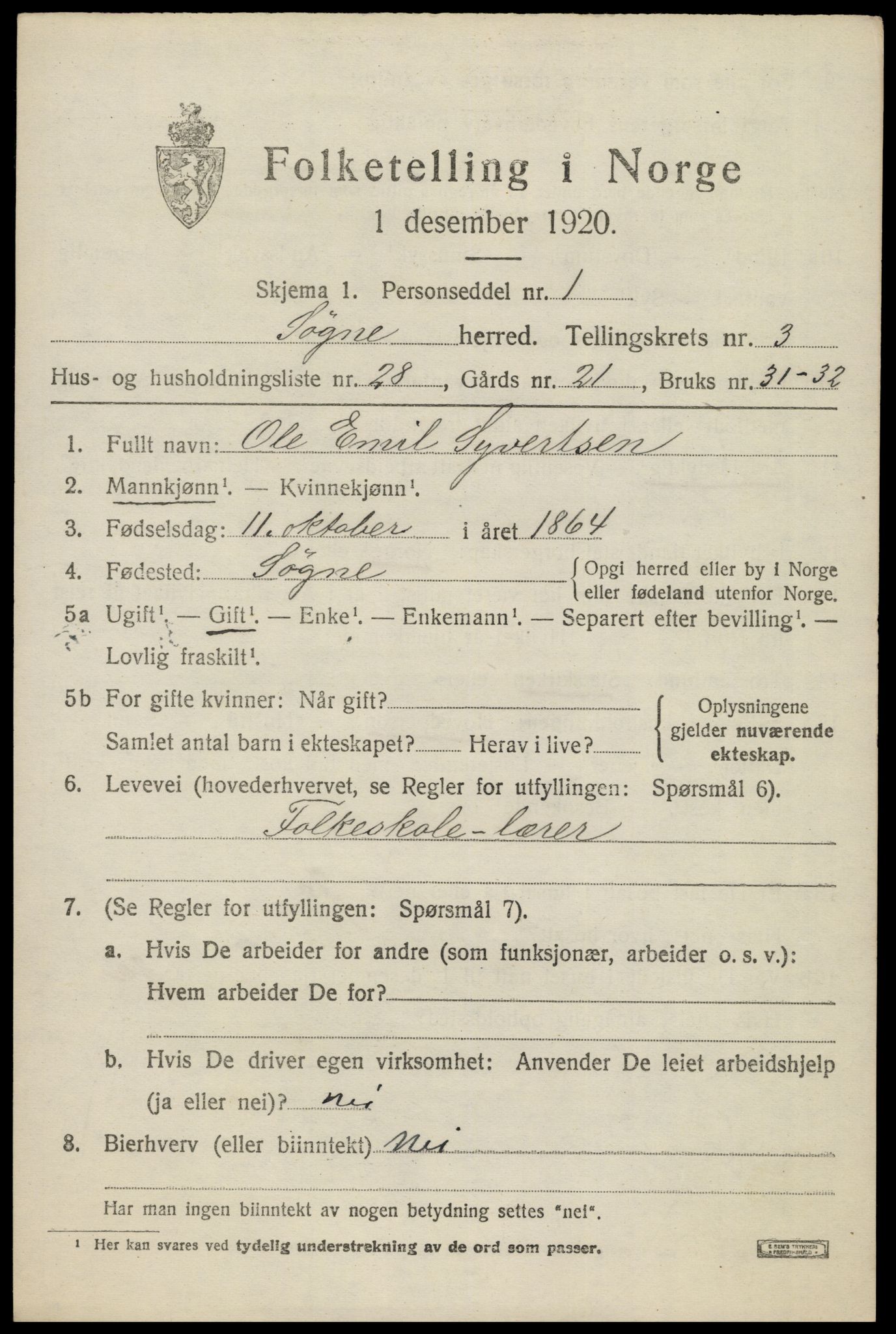 SAK, 1920 census for Søgne, 1920, p. 1873