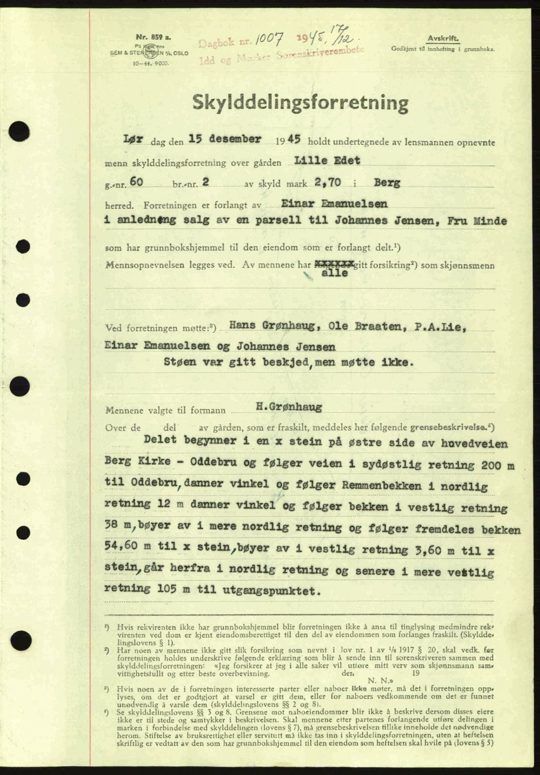 Idd og Marker sorenskriveri, AV/SAO-A-10283/G/Gb/Gbb/L0007: Mortgage book no. A7, 1944-1945, Diary no: : 1007/1945