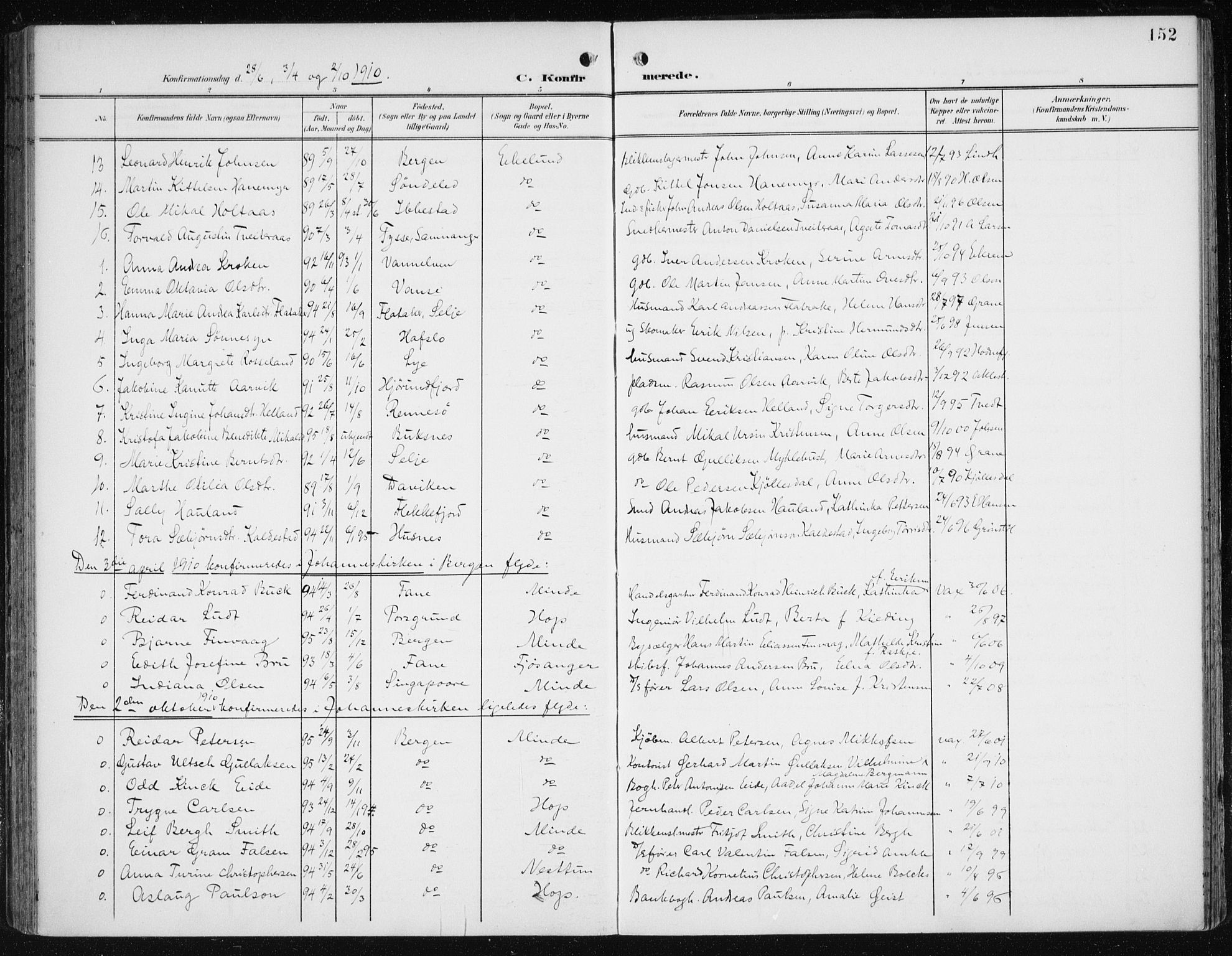 Fana Sokneprestembete, SAB/A-75101/H/Haa/Haai/L0003: Parish register (official) no. I 3, 1900-1912, p. 152