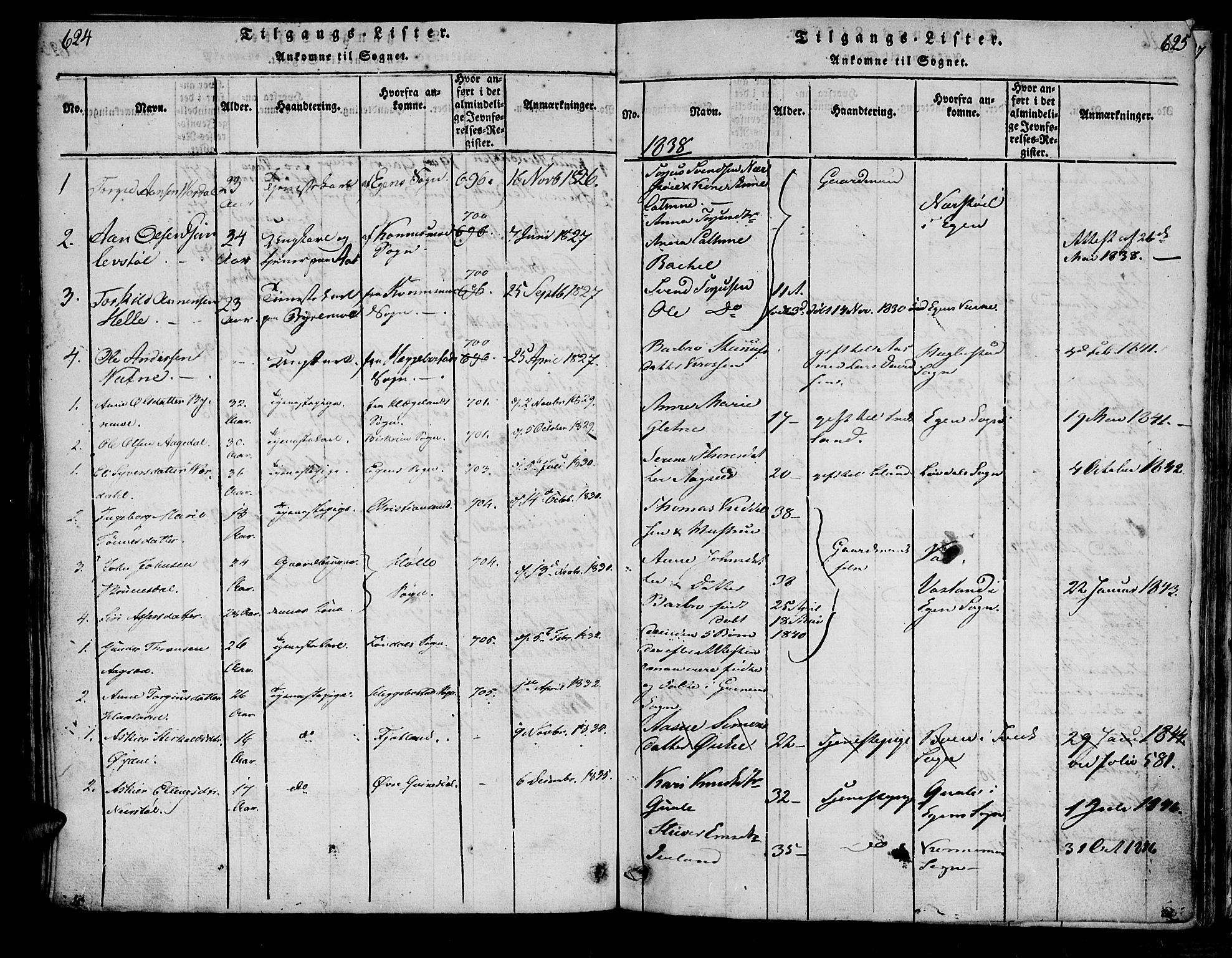 Bjelland sokneprestkontor, SAK/1111-0005/F/Fa/Fac/L0001: Parish register (official) no. A 1, 1815-1866, p. 624-625