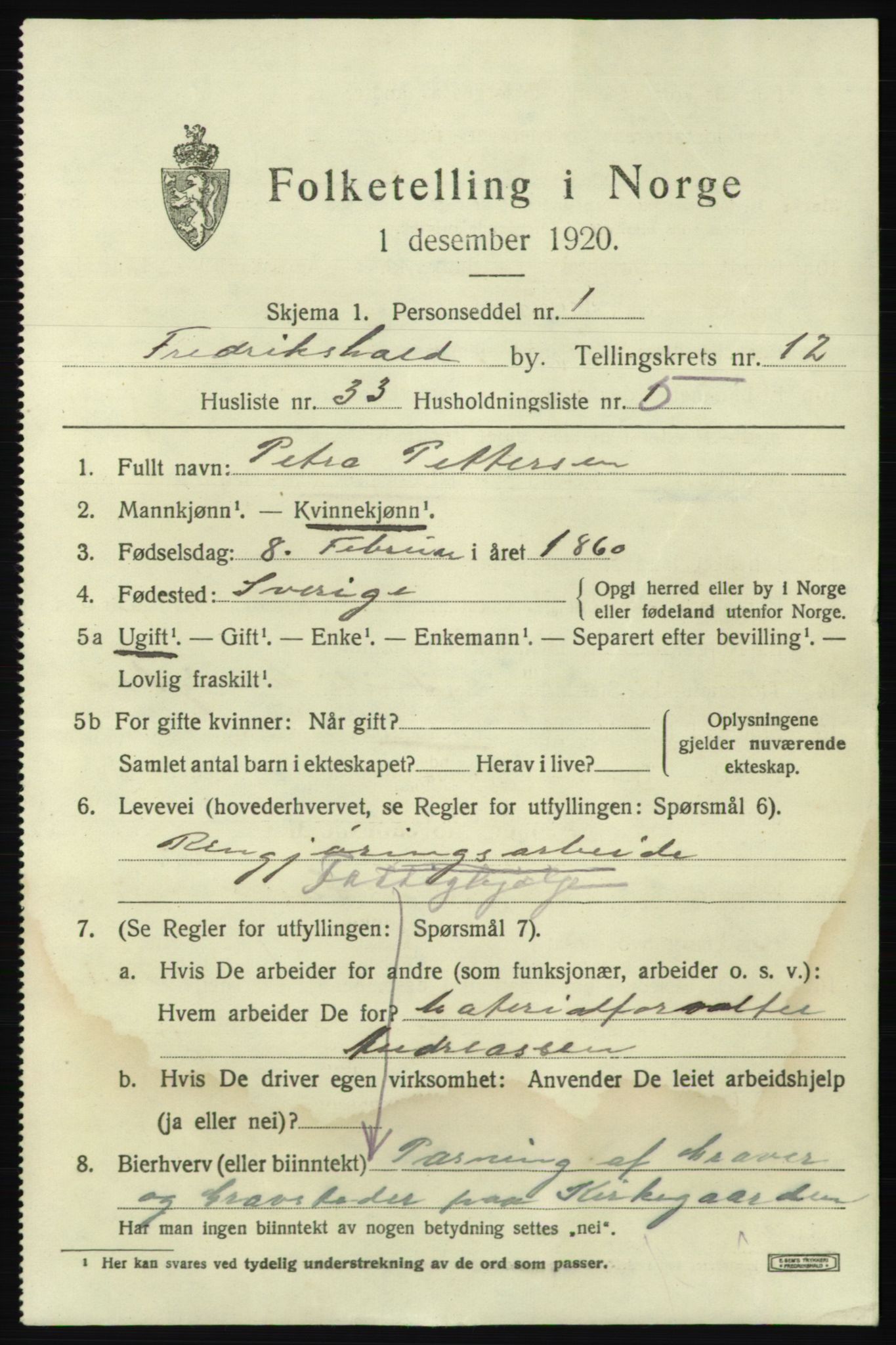 SAO, 1920 census for Fredrikshald, 1920, p. 20661