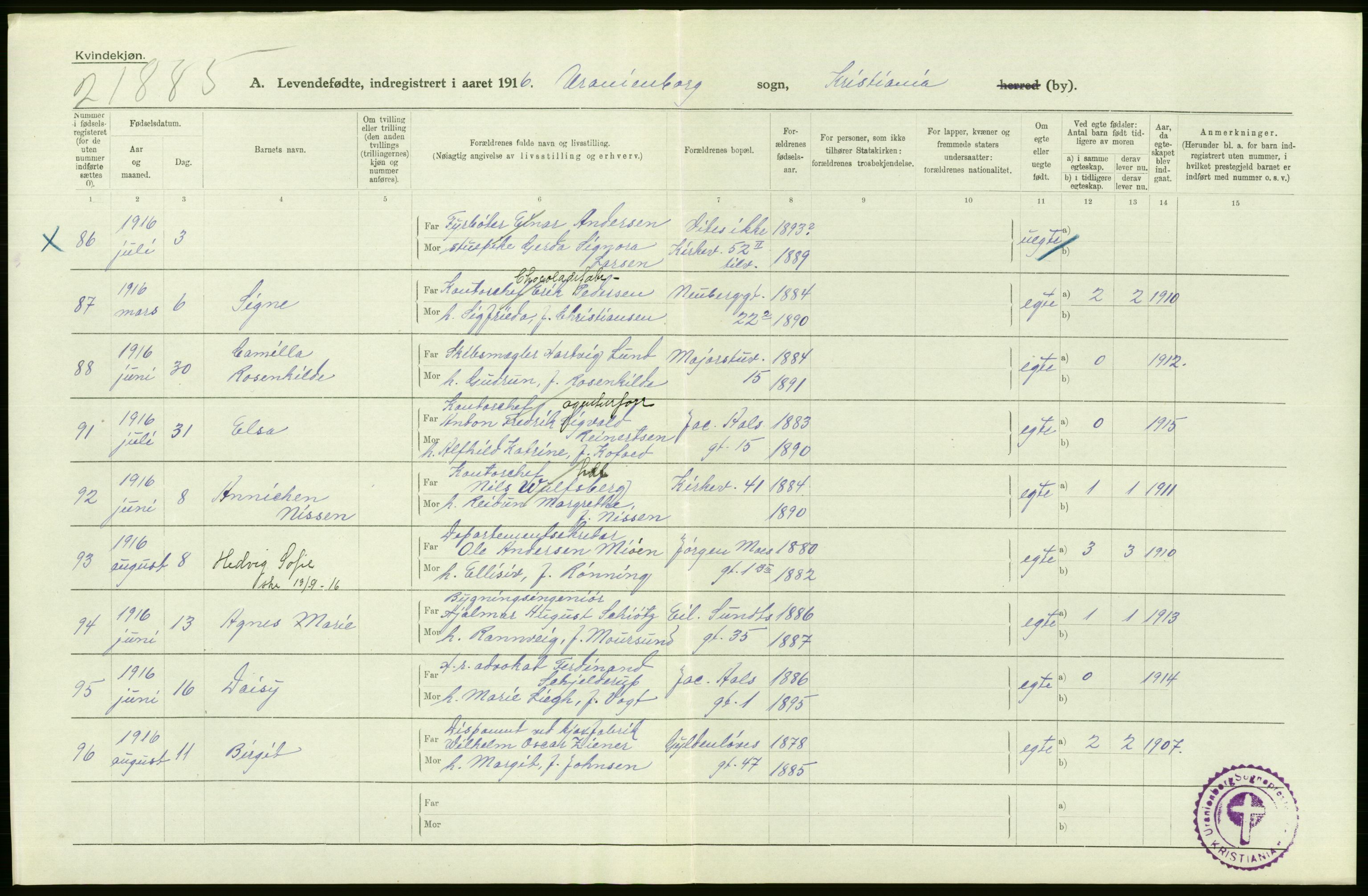 Statistisk sentralbyrå, Sosiodemografiske emner, Befolkning, AV/RA-S-2228/D/Df/Dfb/Dfbf/L0006: Kristiania: Levendefødte menn og kvinner., 1916, p. 216