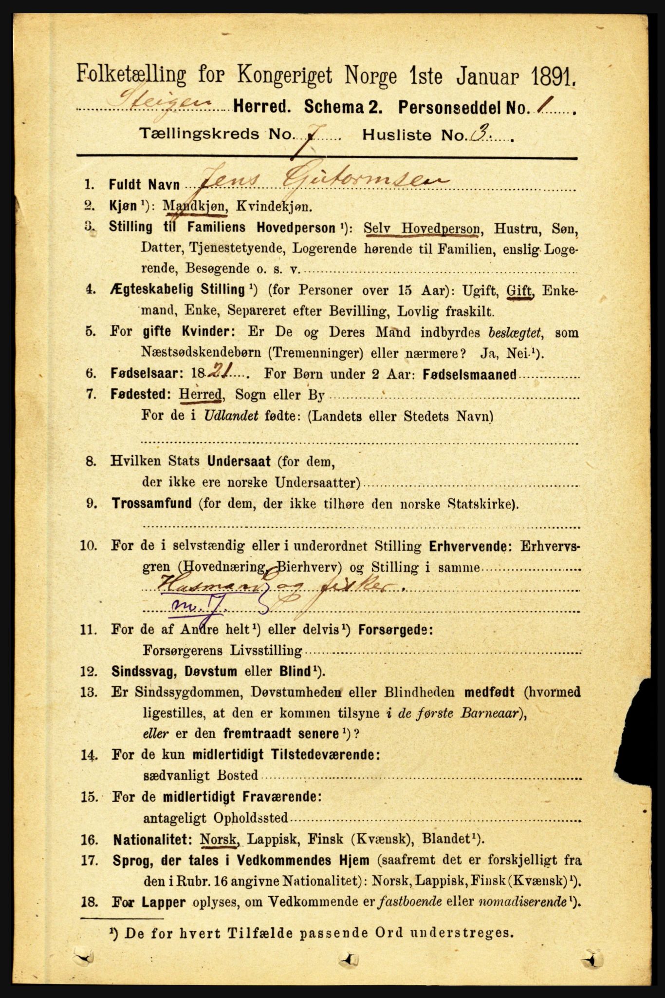 RA, 1891 census for 1848 Steigen, 1891, p. 2279