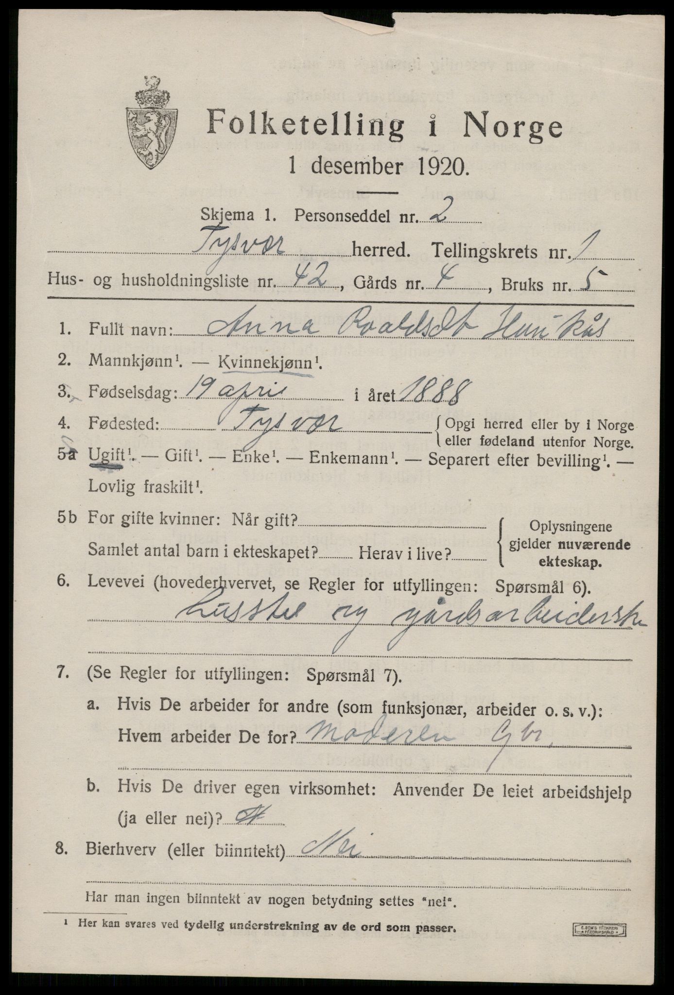 SAST, 1920 census for Tysvær, 1920, p. 1158