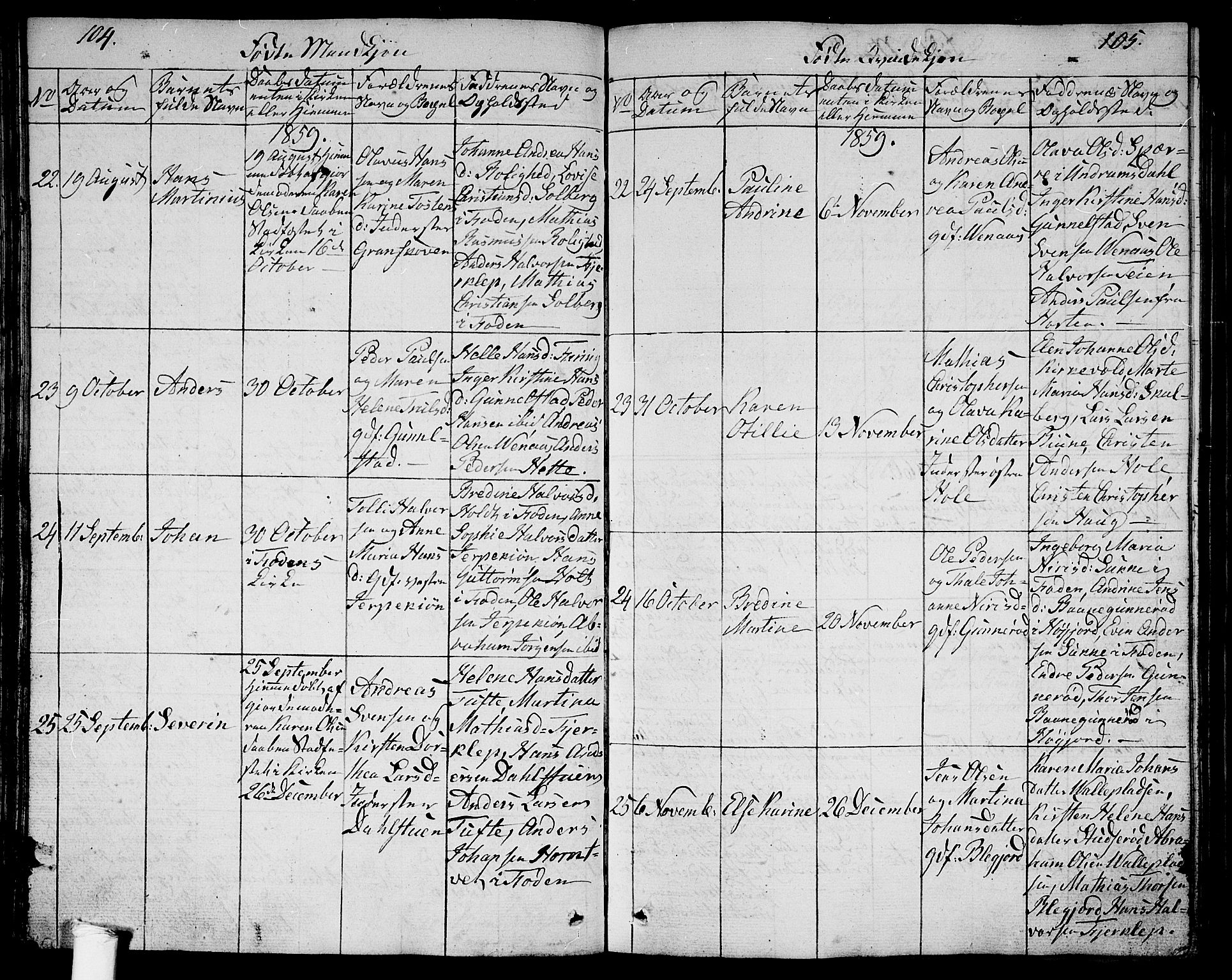Ramnes kirkebøker, SAKO/A-314/G/Ga/L0002: Parish register (copy) no. I 2, 1848-1870, p. 104-105