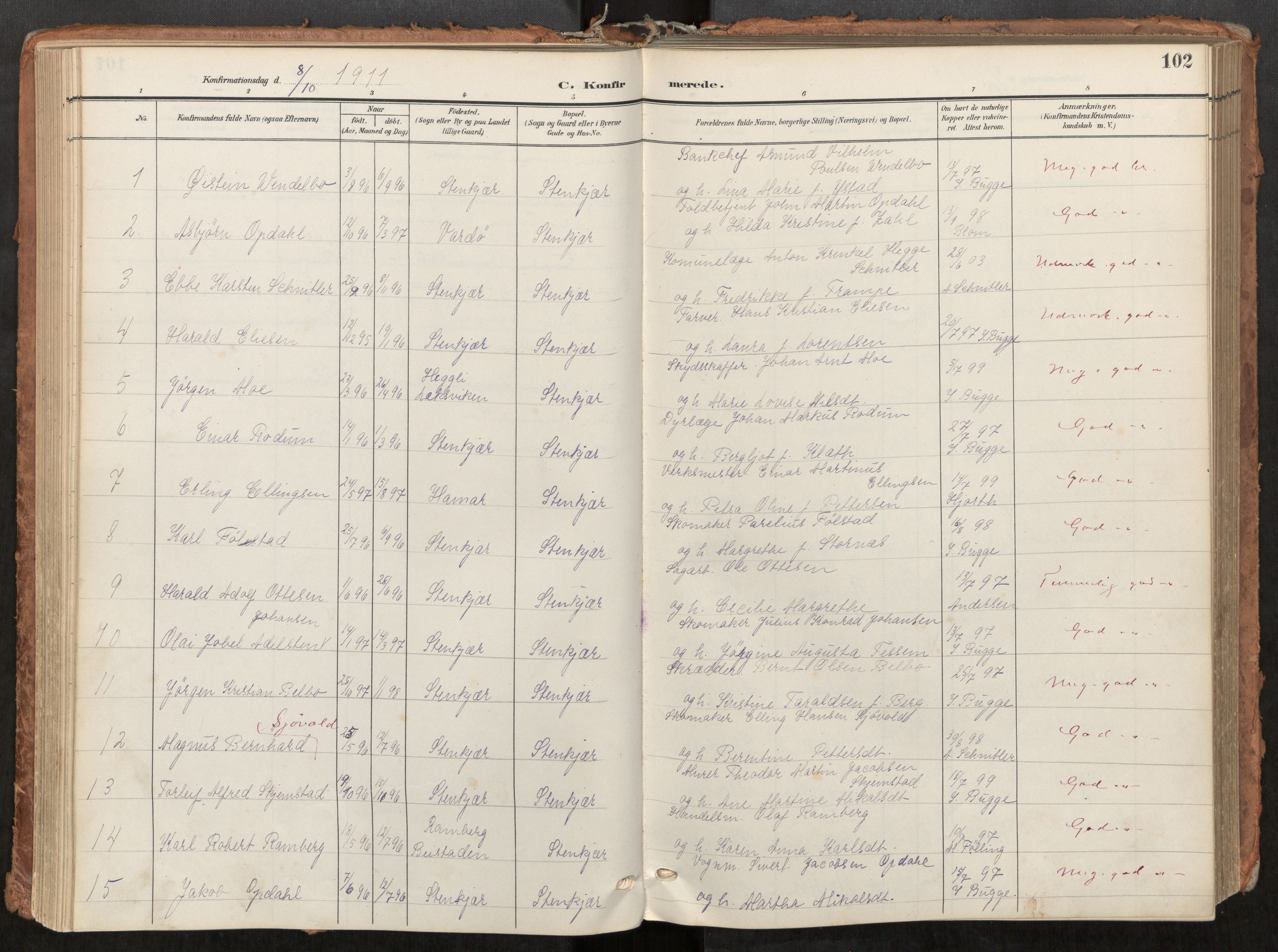 Steinkjer sokneprestkontor, SAT/A-1541/01/H/Ha/Haa/L0001: Parish register (official) no. 1, 1904-1912, p. 102