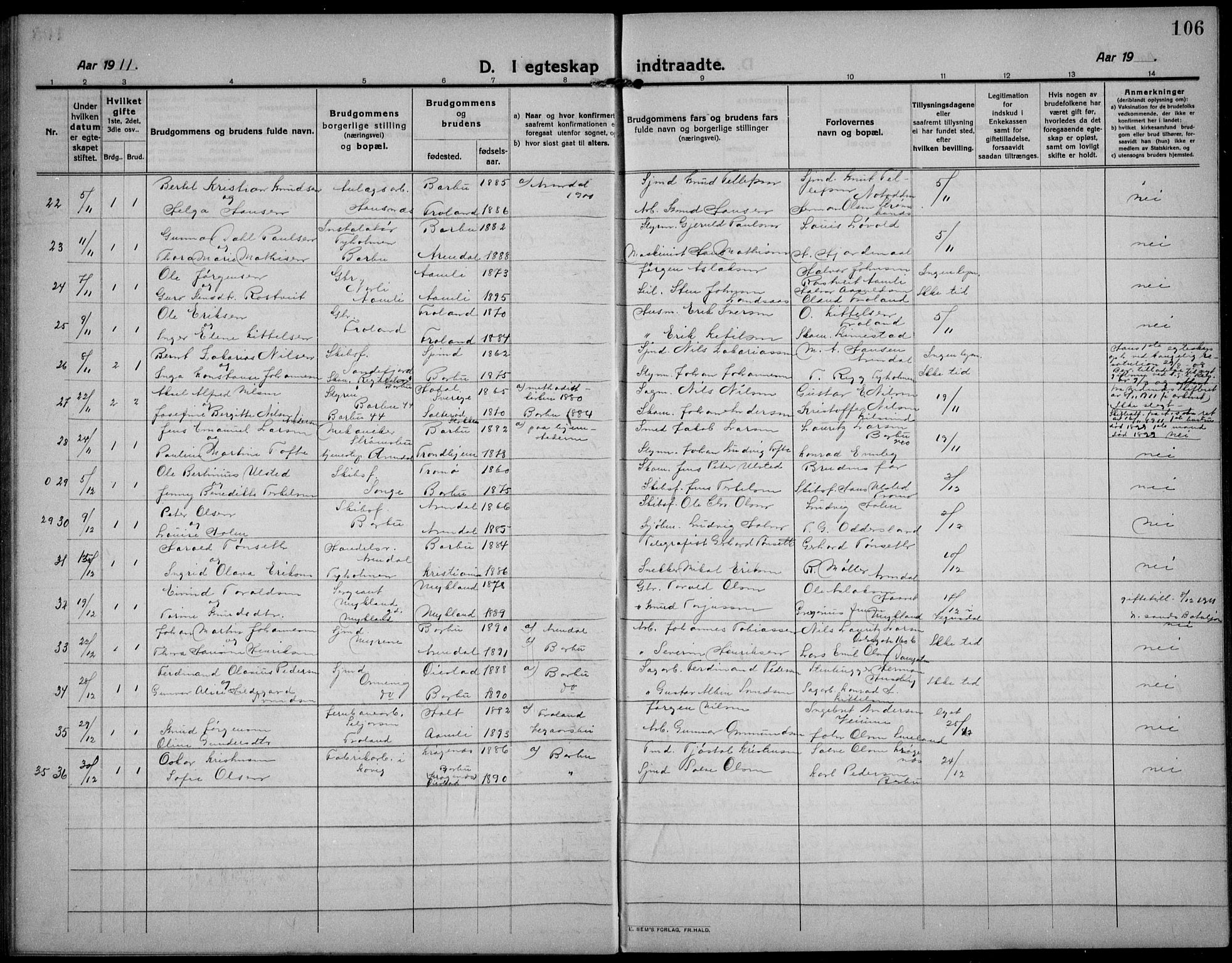 Barbu sokneprestkontor, AV/SAK-1111-0003/F/Fb/L0004: Parish register (copy) no. B 4, 1911-1936, p. 106