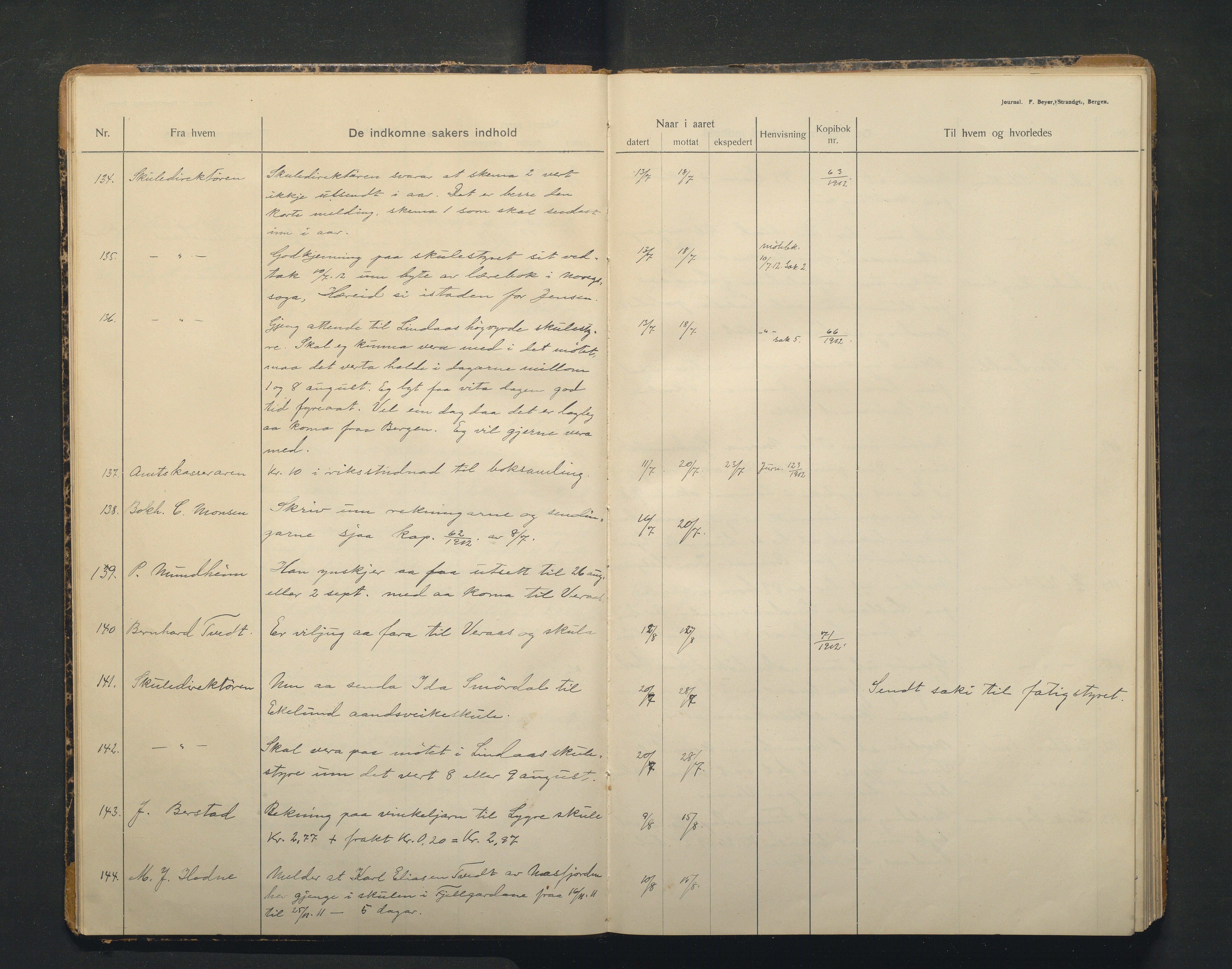 Lindås kommune. Skulestyret, IKAH/1263-211/C/Ca/L0005: Postjournal for Lindås skulestyre, 1912-1918