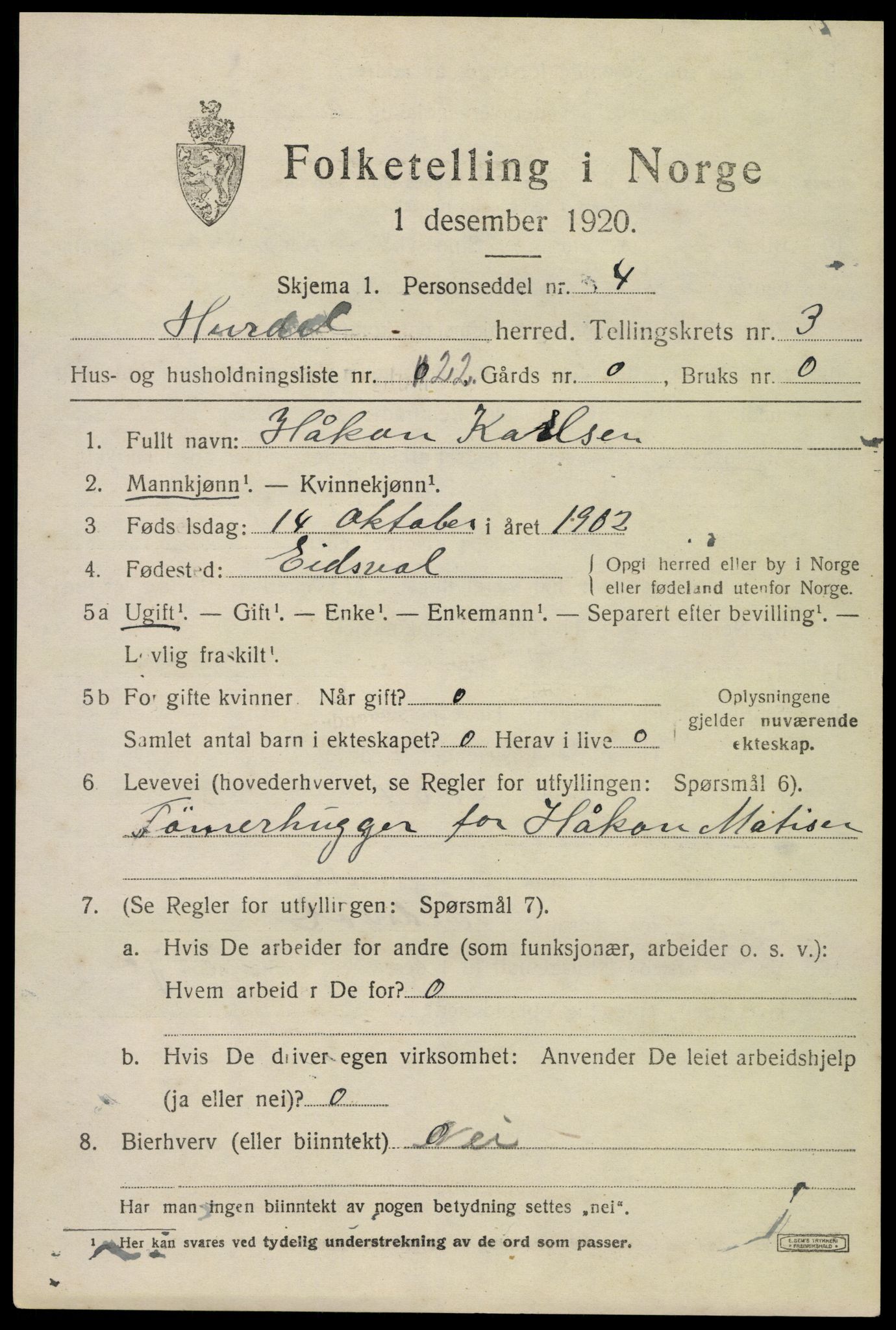 SAO, 1920 census for Hurdal, 1920, p. 2454