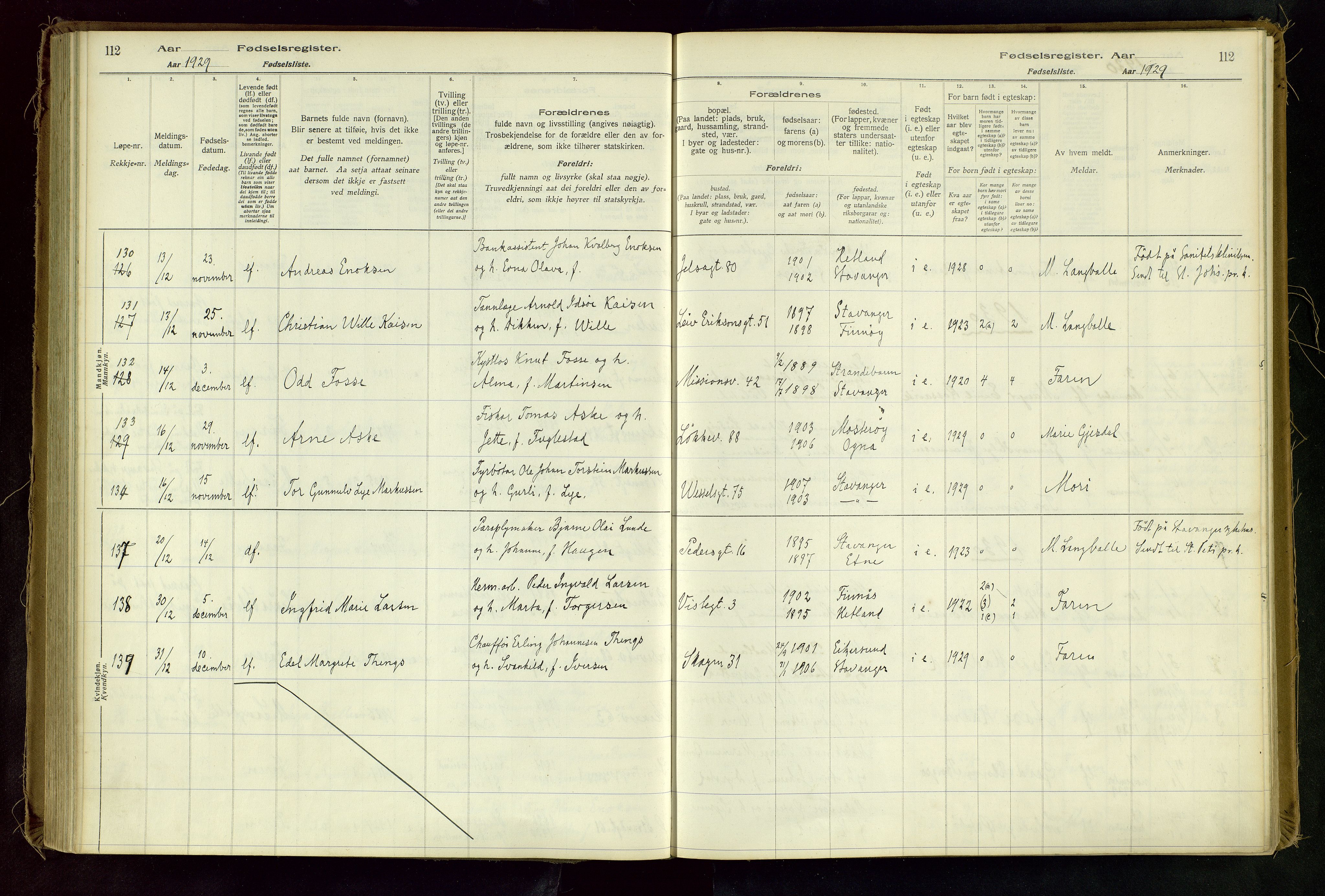 Domkirken sokneprestkontor, AV/SAST-A-101812/002/A/L0001: Birth register no. 1, 1925-1932, p. 112