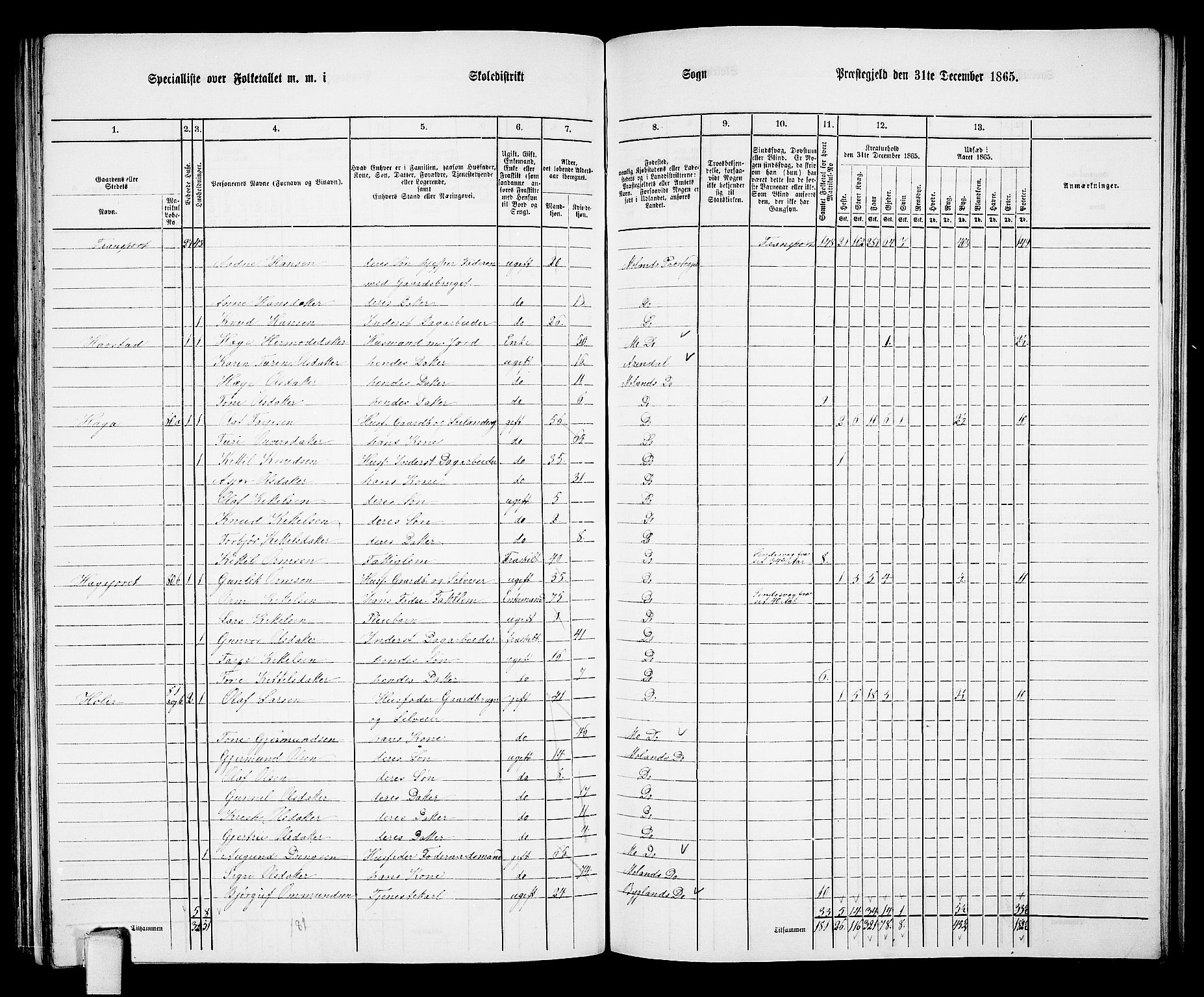 RA, 1865 census for Moland, 1865, p. 43