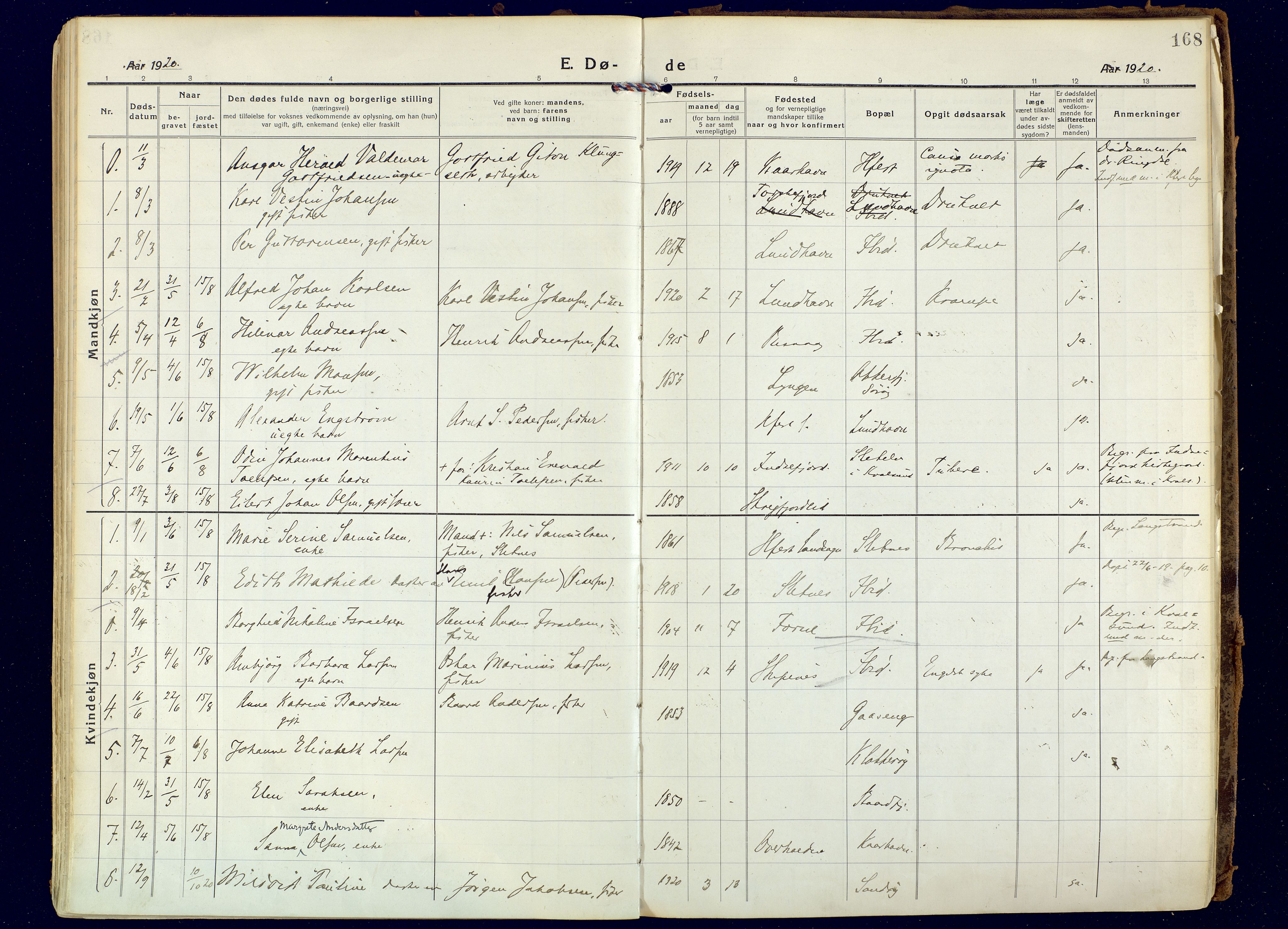 Hammerfest sokneprestkontor, AV/SATØ-S-1347/H/Ha/L0018.kirke: Parish register (official) no. 18, 1918-1933, p. 168