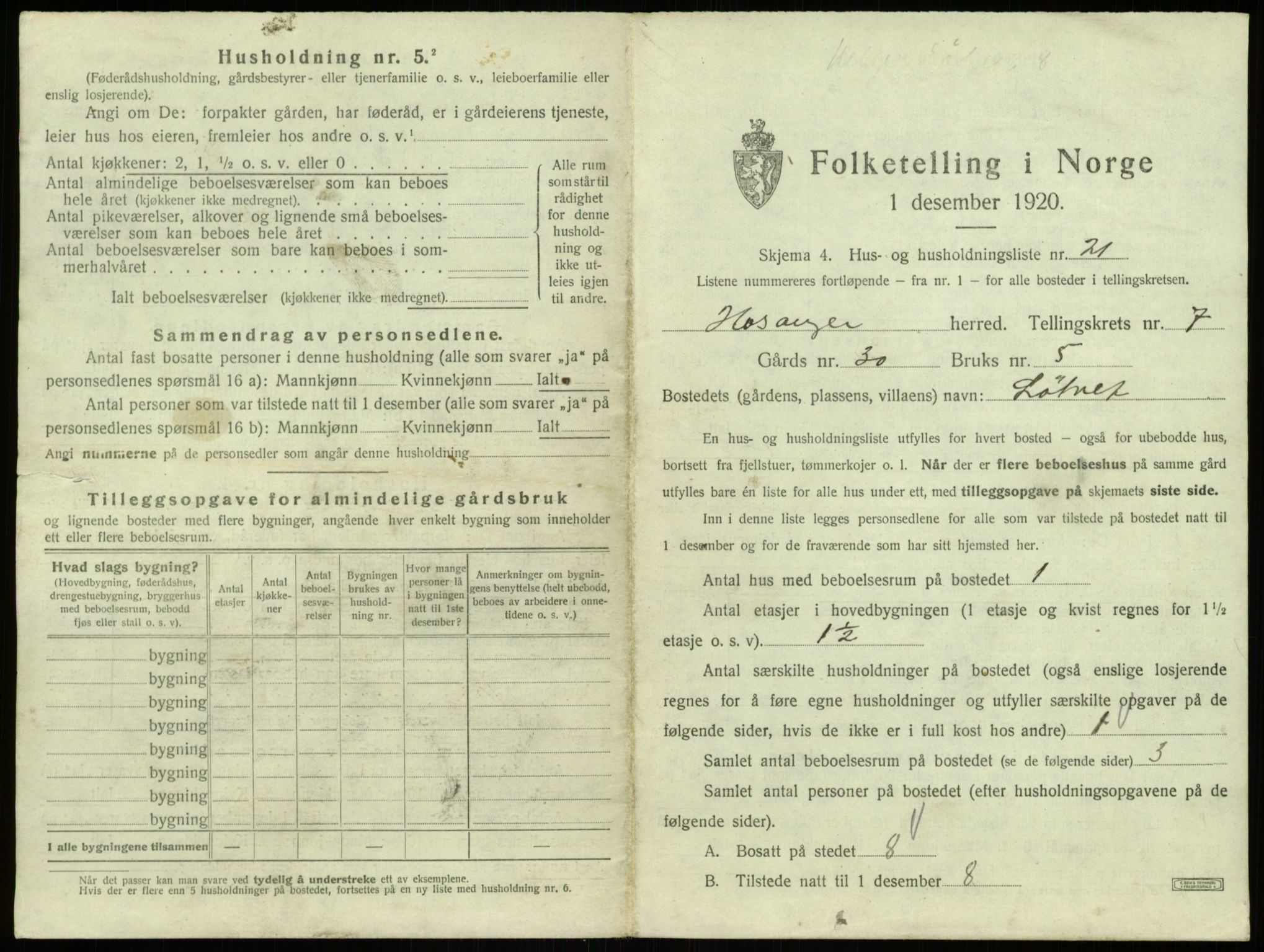 SAB, 1920 census for Hosanger, 1920, p. 423