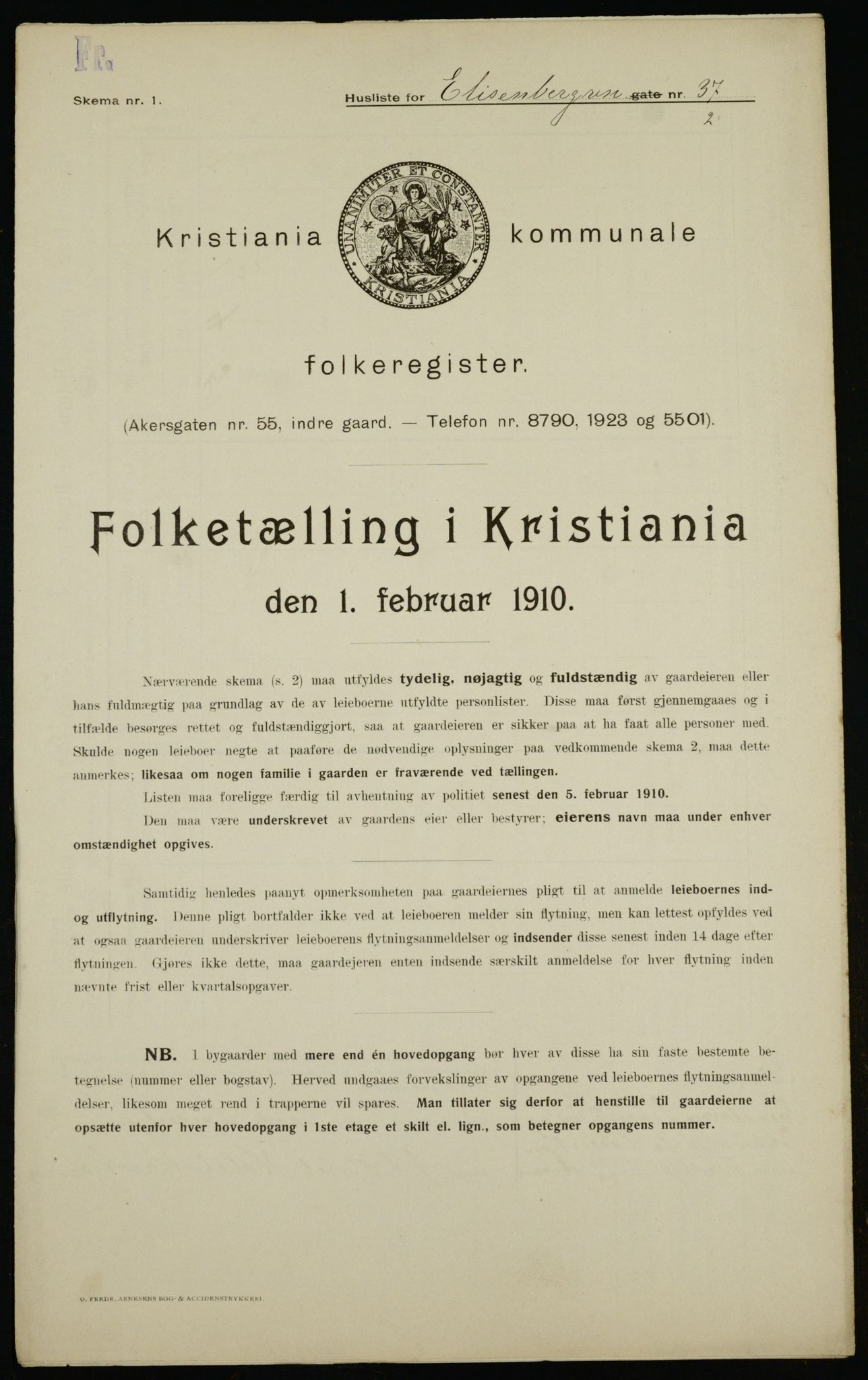 OBA, Municipal Census 1910 for Kristiania, 1910, p. 19077