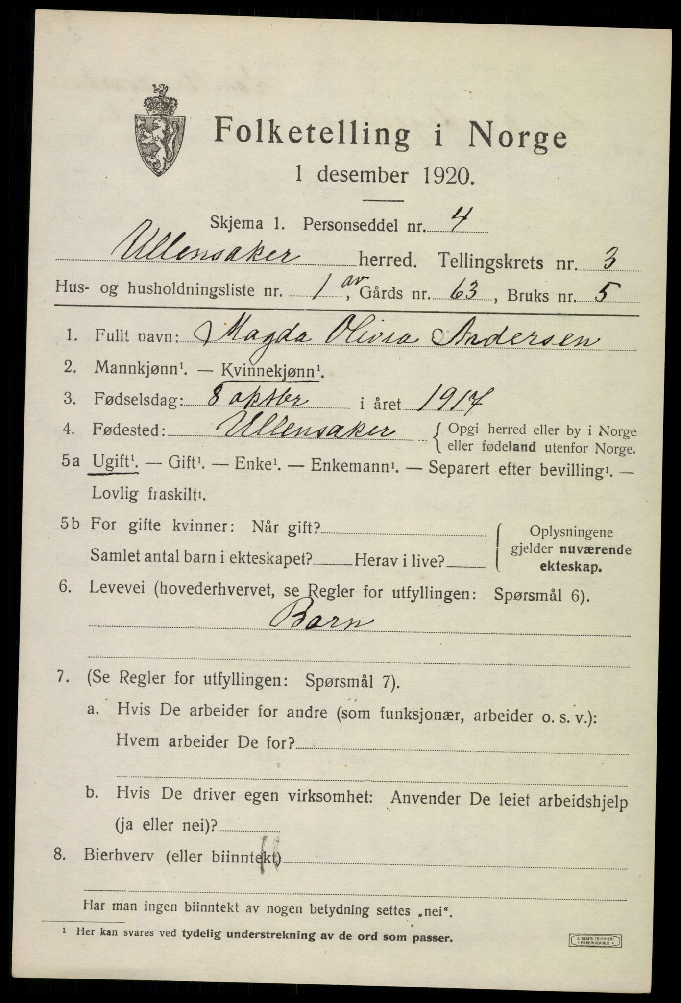 SAO, 1920 census for Ullensaker, 1920, p. 6169