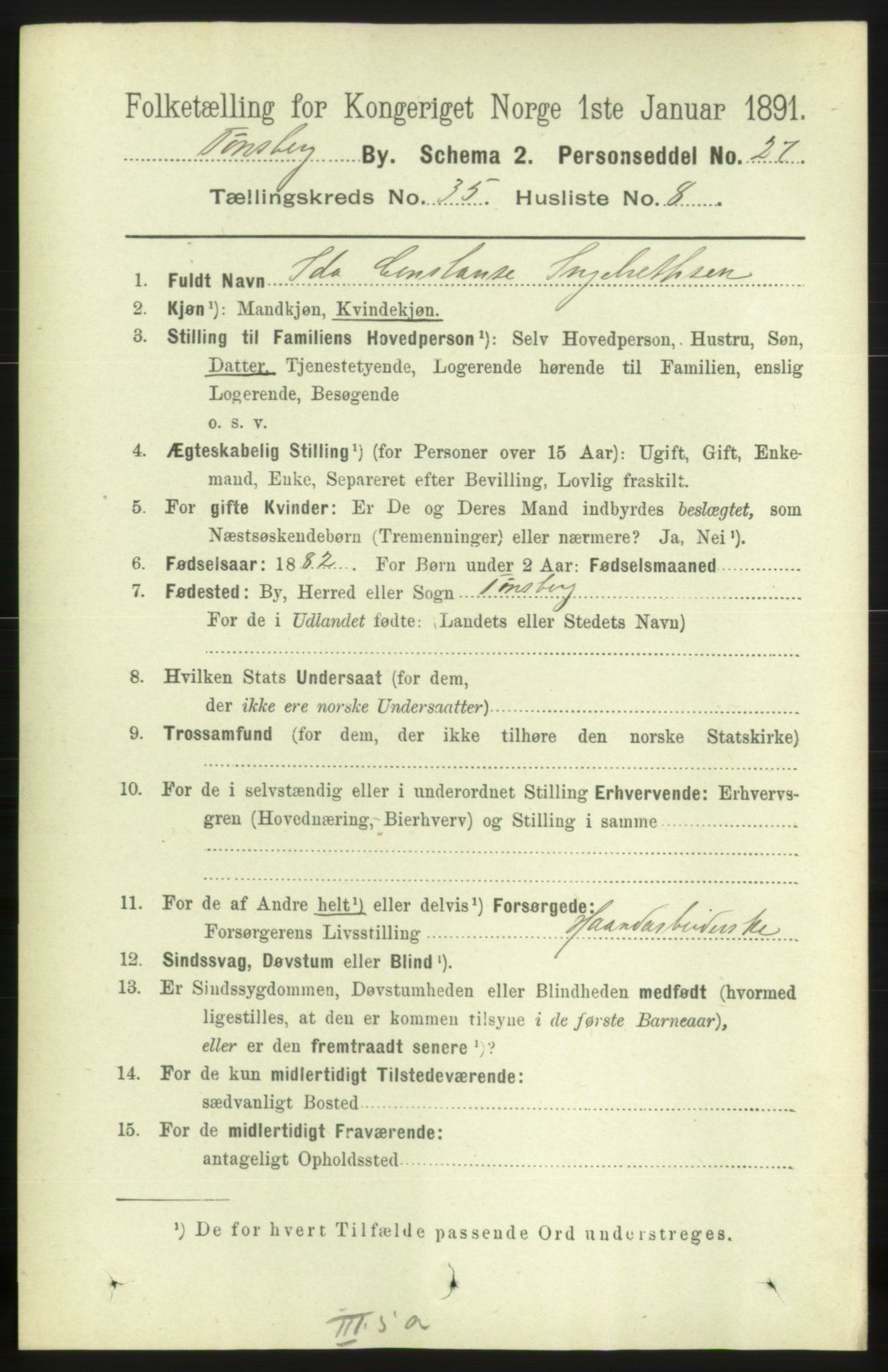 RA, 1891 census for 0705 Tønsberg, 1891, p. 7852