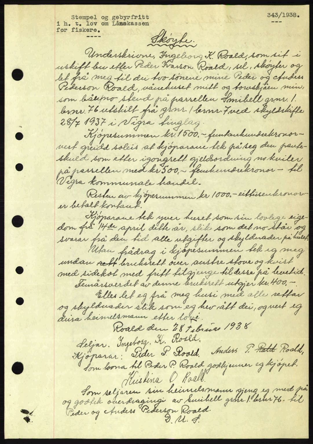 Nordre Sunnmøre sorenskriveri, AV/SAT-A-0006/1/2/2C/2Ca: Mortgage book no. A4, 1937-1938, Diary no: : 343/1938