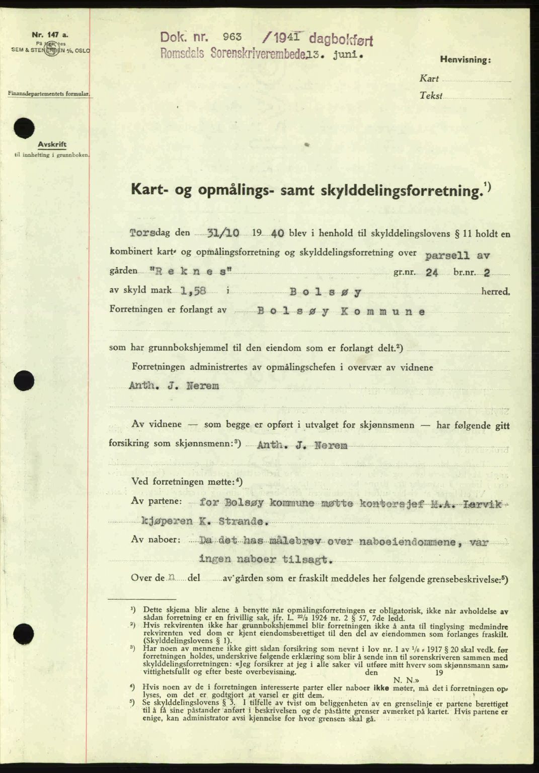 Romsdal sorenskriveri, AV/SAT-A-4149/1/2/2C: Mortgage book no. A10, 1941-1941, Diary no: : 963/1941