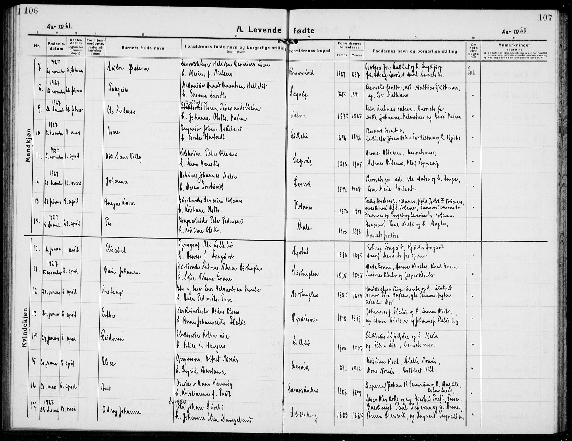 Stord sokneprestembete, AV/SAB-A-78201/H/Hab: Parish register (copy) no. A 4, 1919-1933, p. 106-107
