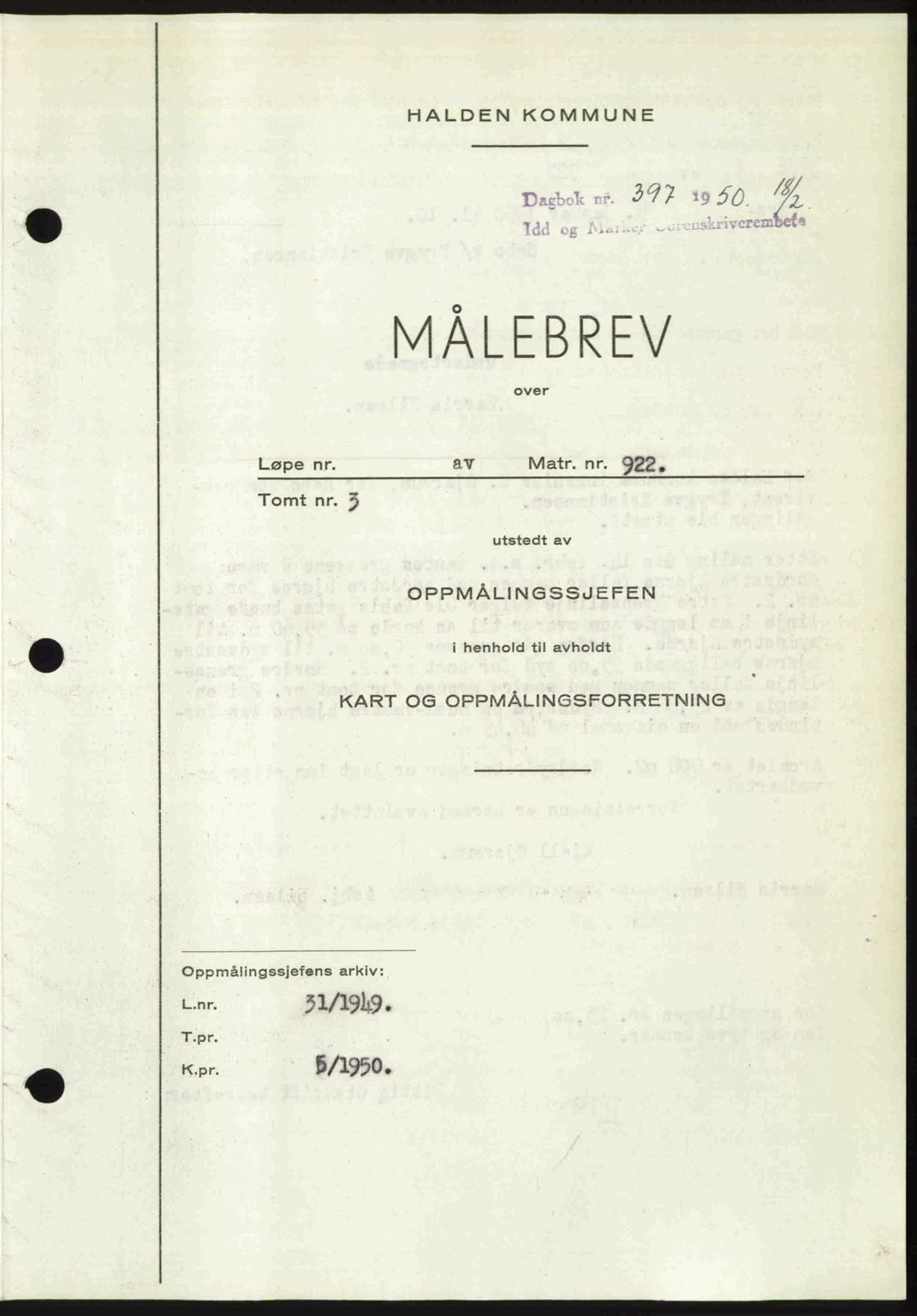 Idd og Marker sorenskriveri, AV/SAO-A-10283/G/Gb/Gbb/L0014: Mortgage book no. A14, 1950-1950, Diary no: : 397/1950