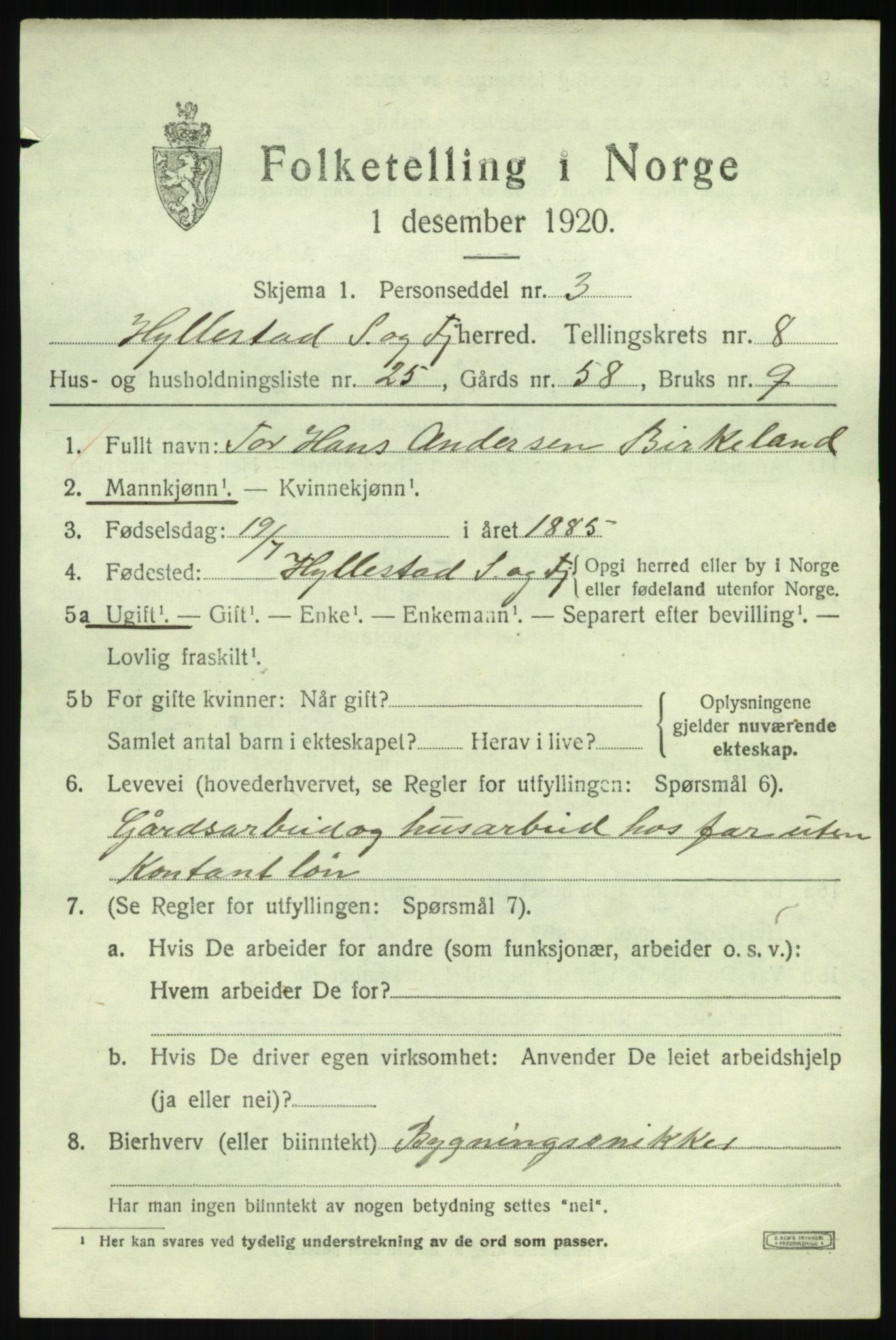 SAB, 1920 census for Hyllestad, 1920, p. 3502