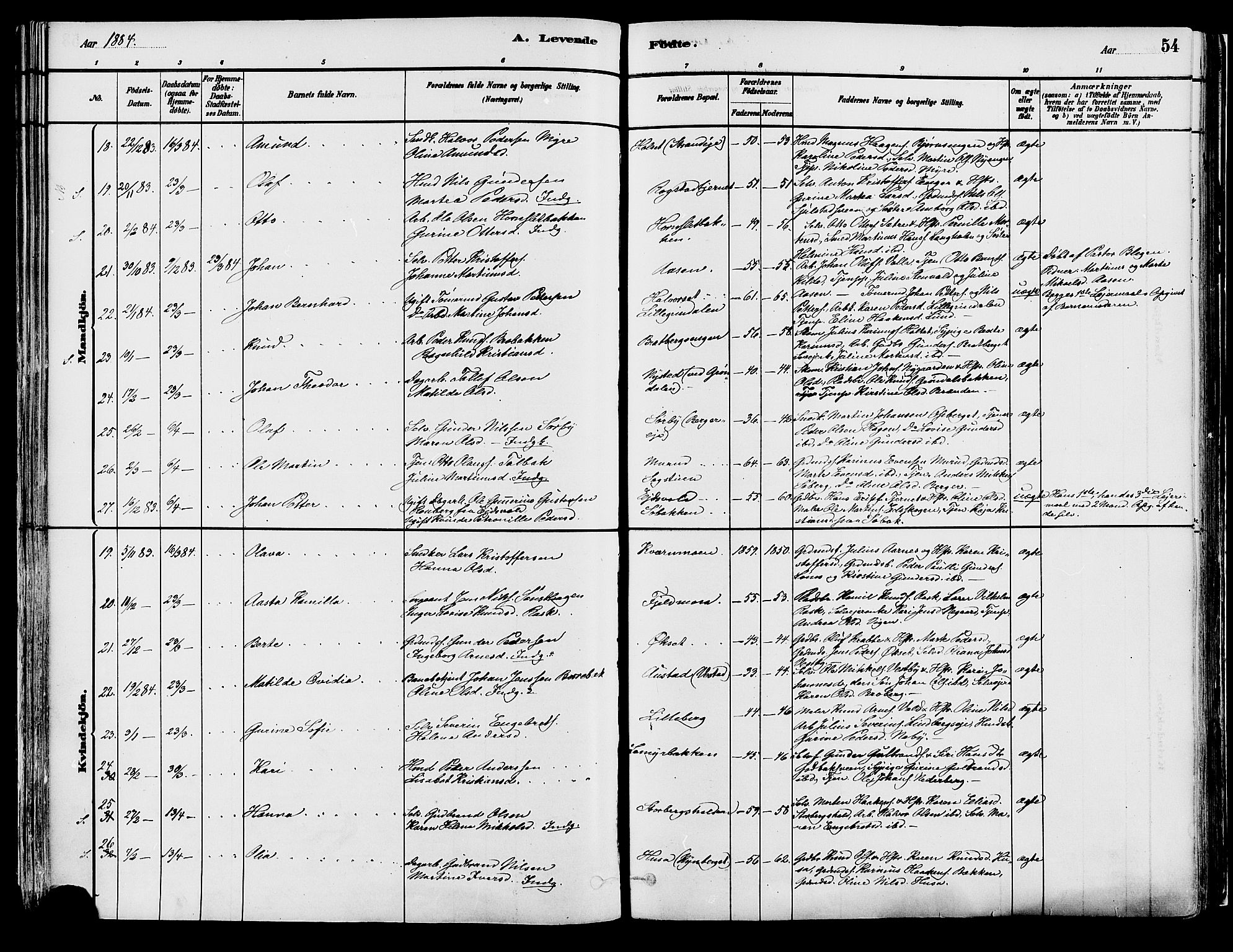 Elverum prestekontor, AV/SAH-PREST-044/H/Ha/Haa/L0013: Parish register (official) no. 13, 1880-1890, p. 54