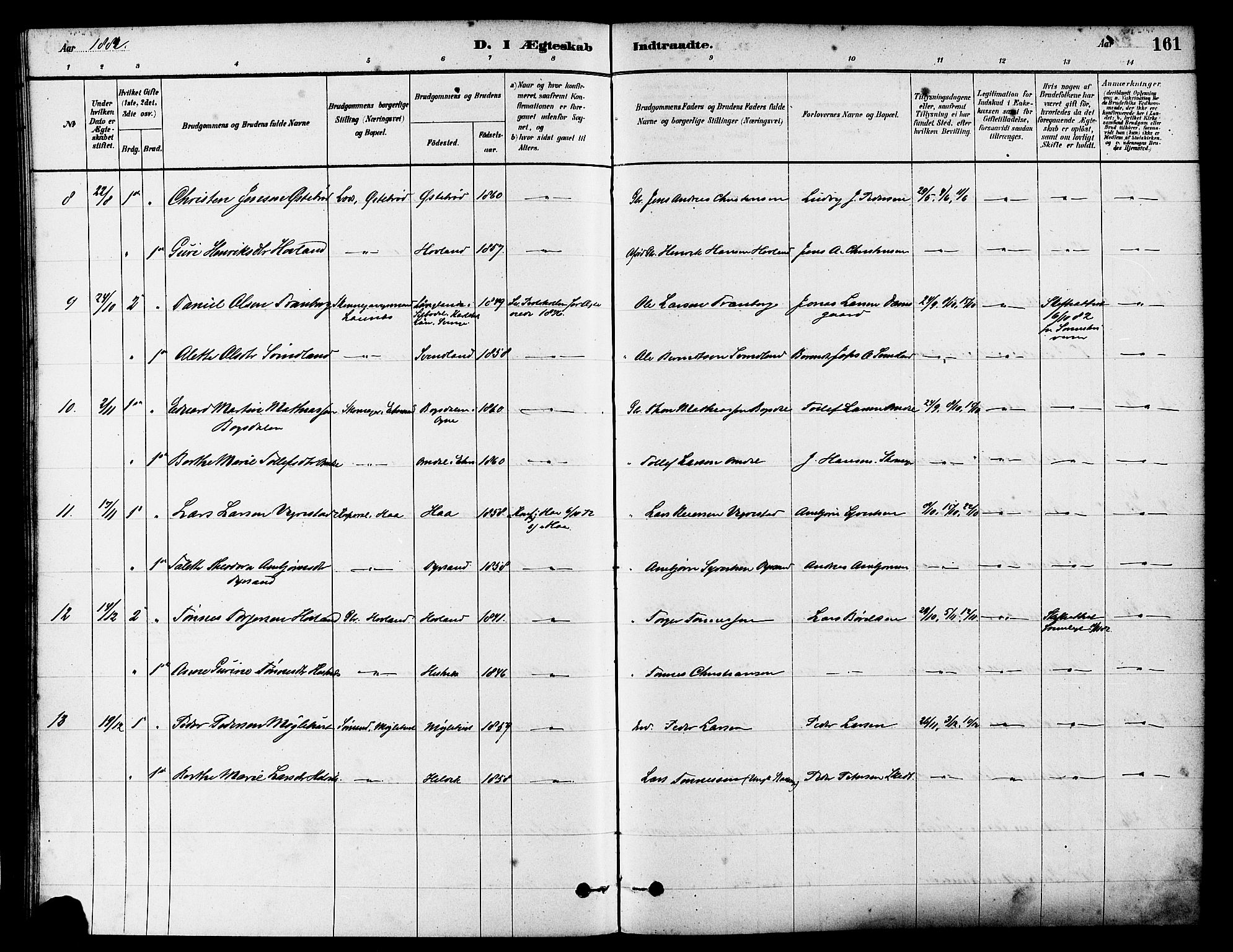 Eigersund sokneprestkontor, AV/SAST-A-101807/S08/L0017: Parish register (official) no. A 14, 1879-1892, p. 161