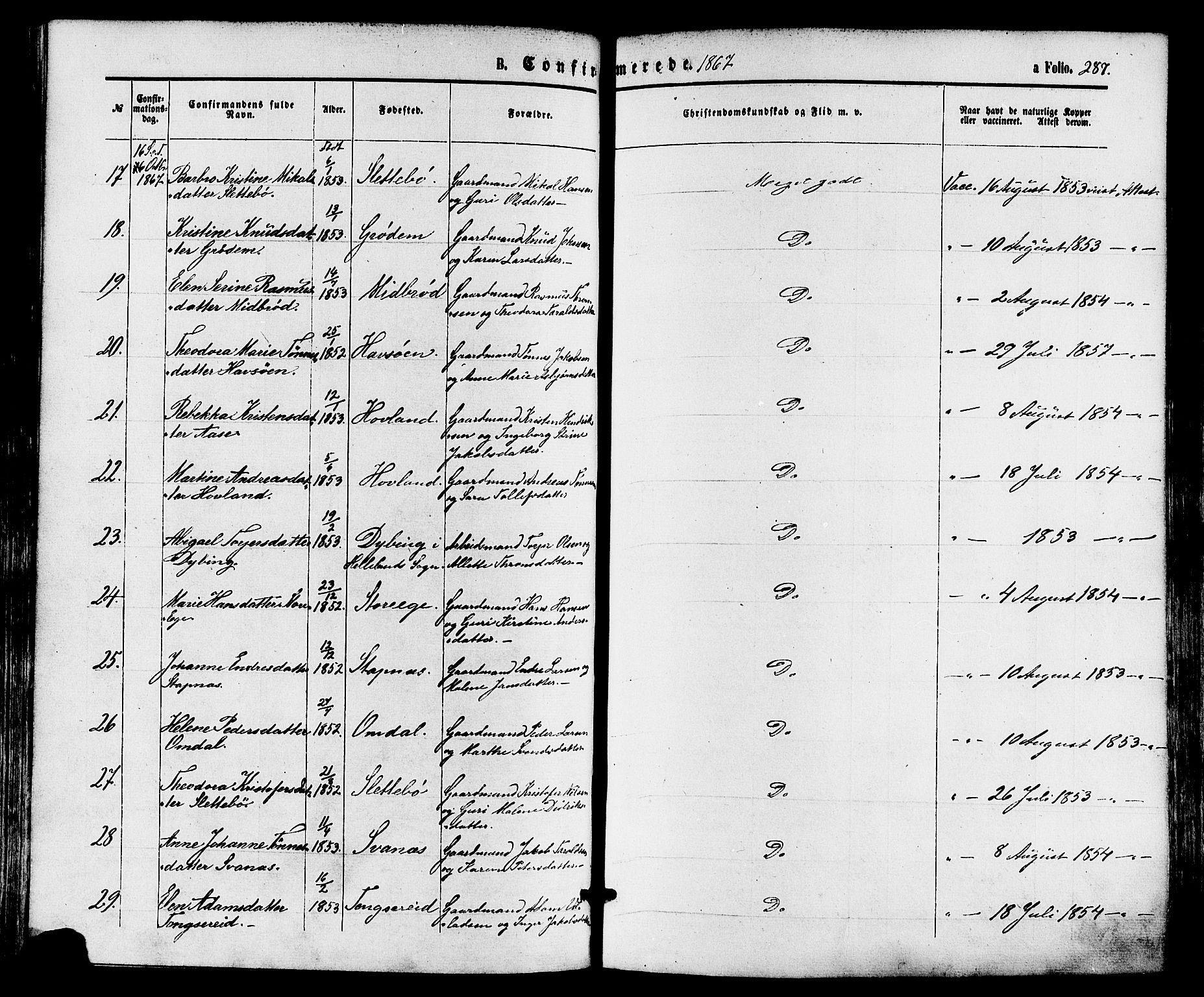 Eigersund sokneprestkontor, AV/SAST-A-101807/S08/L0014: Parish register (official) no. A 13, 1866-1878, p. 287