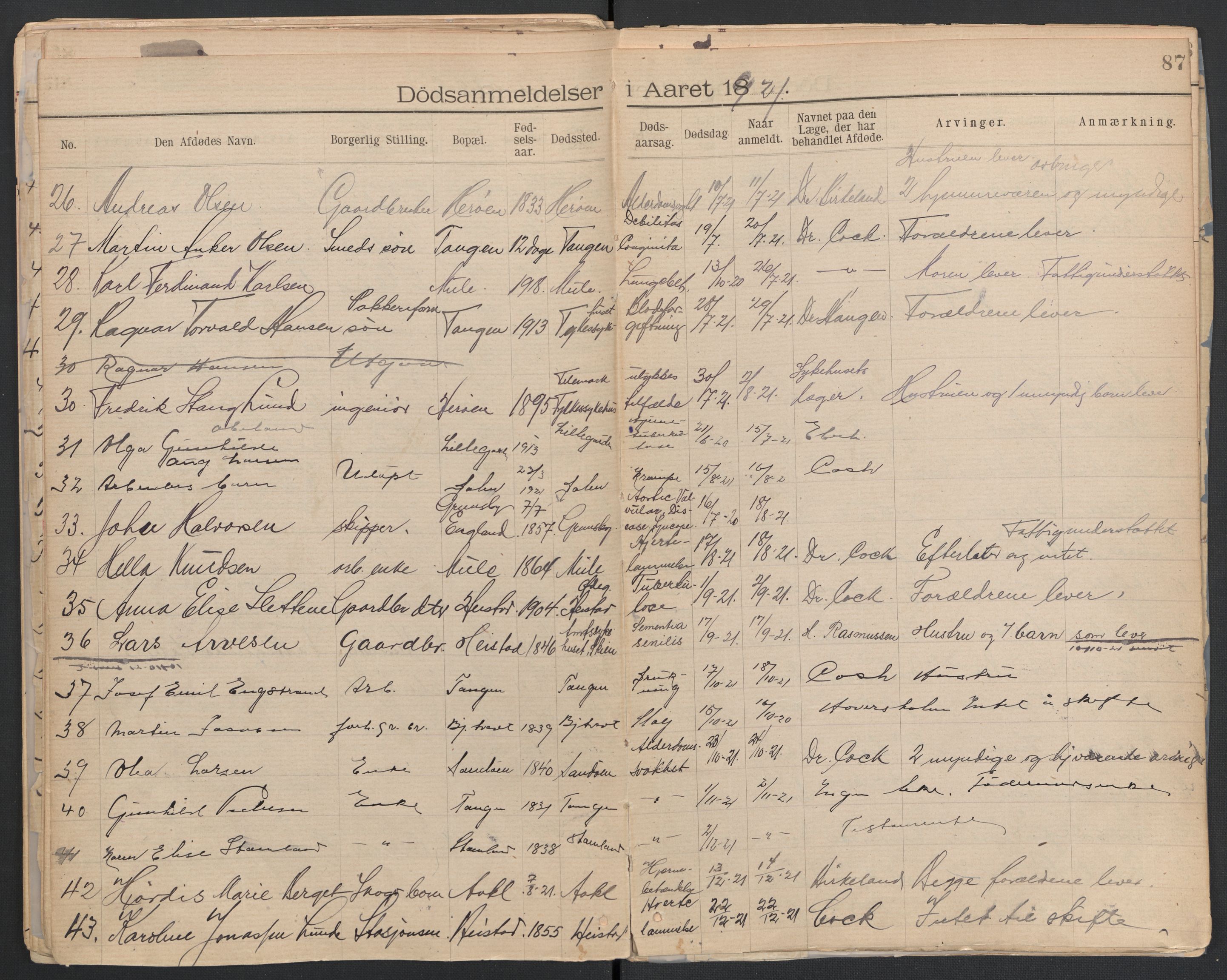 Eidanger lensmannskontor, AV/SAKO-A-102/H/Ha/L0001: Dødsanmeldelsesprotokoll, 1893-1933, p. 87