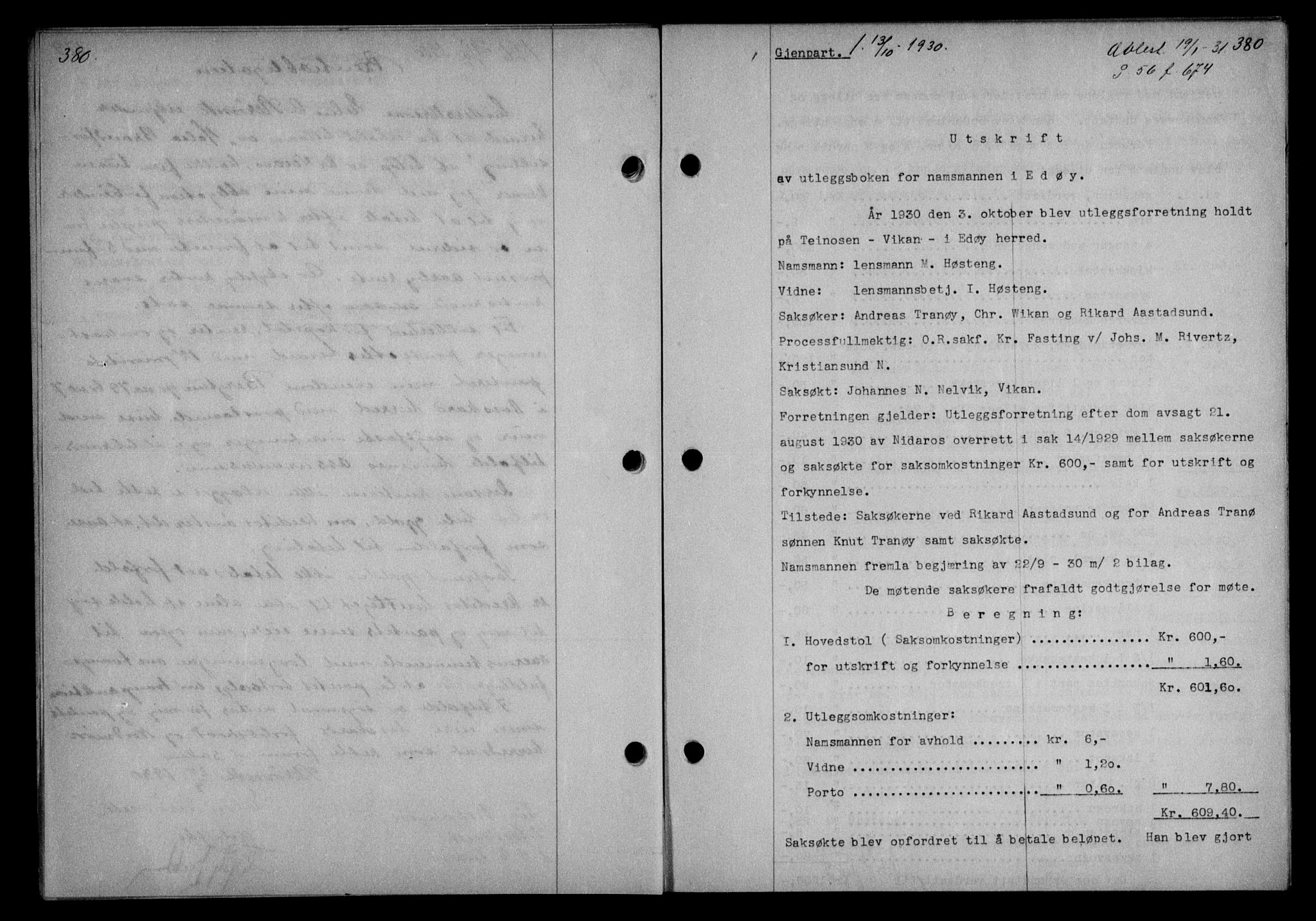 Nordmøre sorenskriveri, AV/SAT-A-4132/1/2/2Ca/L0070: Mortgage book no. 60, 1930-1930, Deed date: 13.10.1930