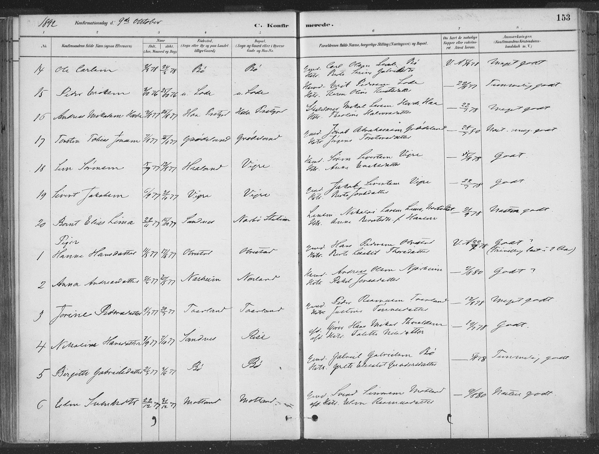 Hå sokneprestkontor, SAST/A-101801/001/30BA/L0010: Parish register (official) no. A 9, 1879-1896, p. 153