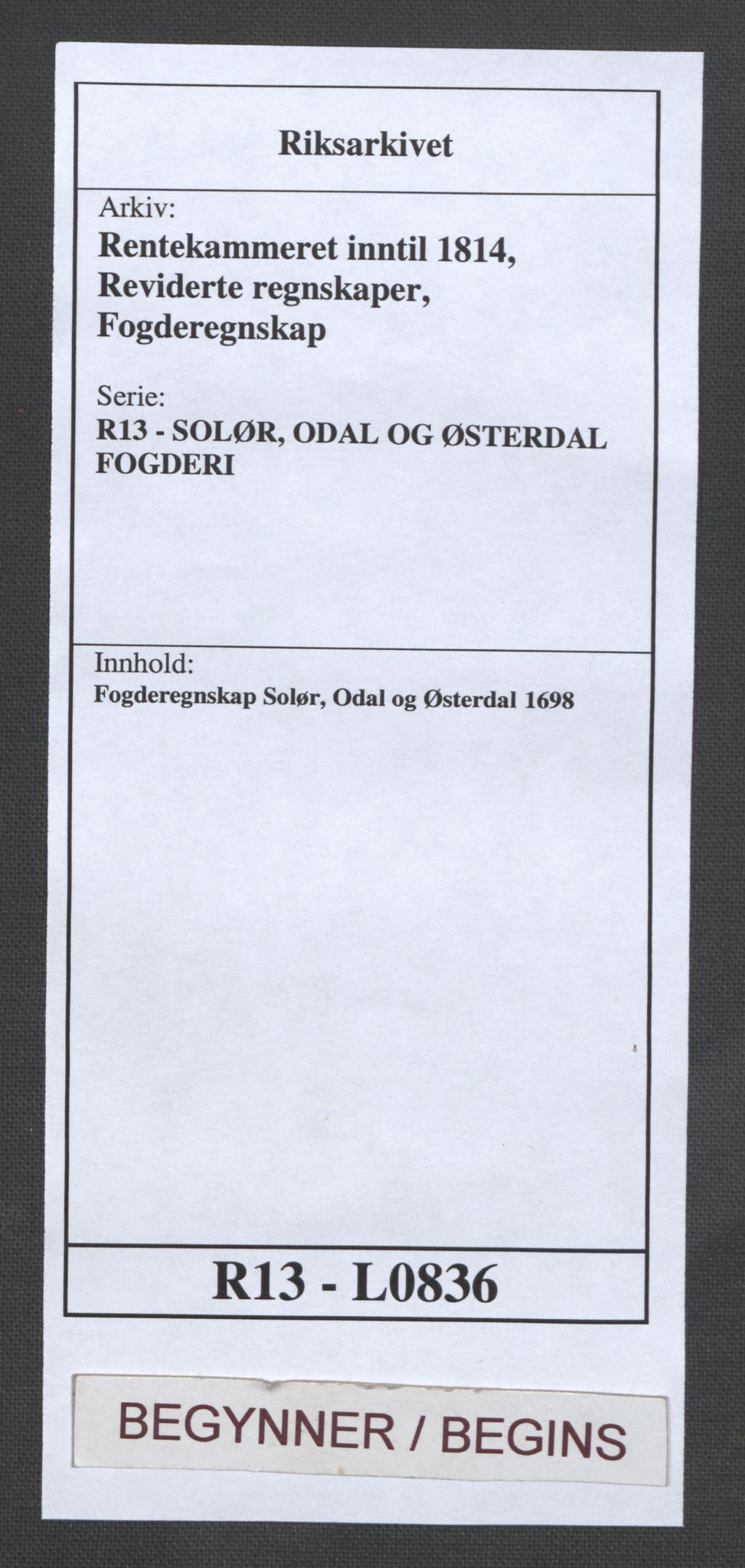 Rentekammeret inntil 1814, Reviderte regnskaper, Fogderegnskap, AV/RA-EA-4092/R13/L0836: Fogderegnskap Solør, Odal og Østerdal, 1698, p. 1