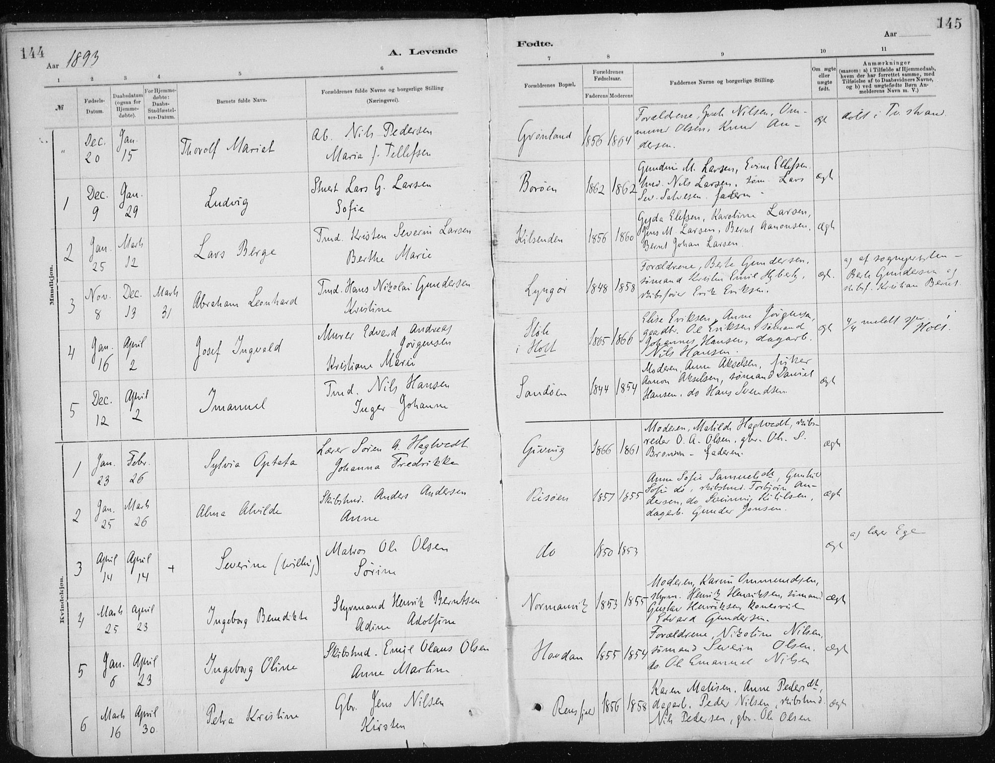 Dypvåg sokneprestkontor, SAK/1111-0007/F/Fa/Faa/L0008: Parish register (official) no. A 8, 1885-1906, p. 144-145