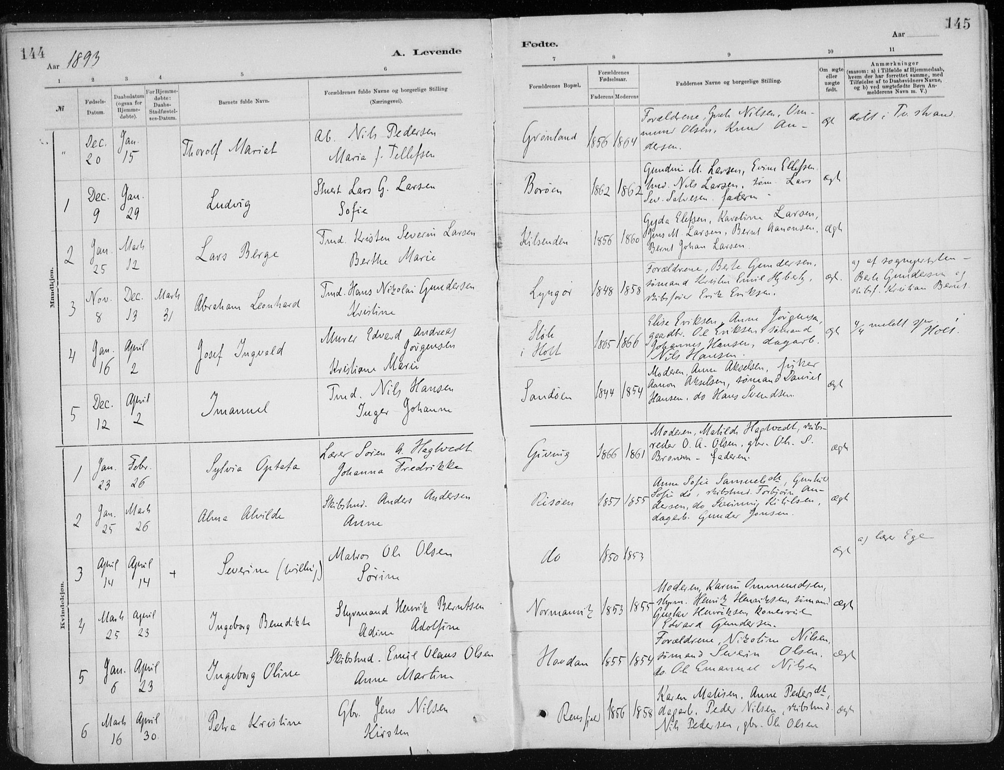 Dypvåg sokneprestkontor, AV/SAK-1111-0007/F/Fa/Faa/L0008: Parish register (official) no. A 8, 1885-1906, p. 144-145