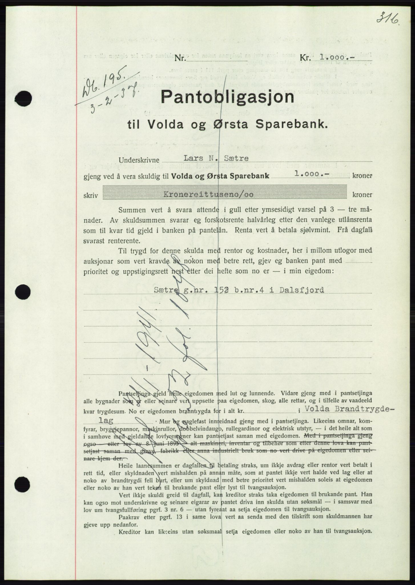 Søre Sunnmøre sorenskriveri, SAT/A-4122/1/2/2C/L0062: Mortgage book no. 56, 1936-1937, Diary no: : 195/1937