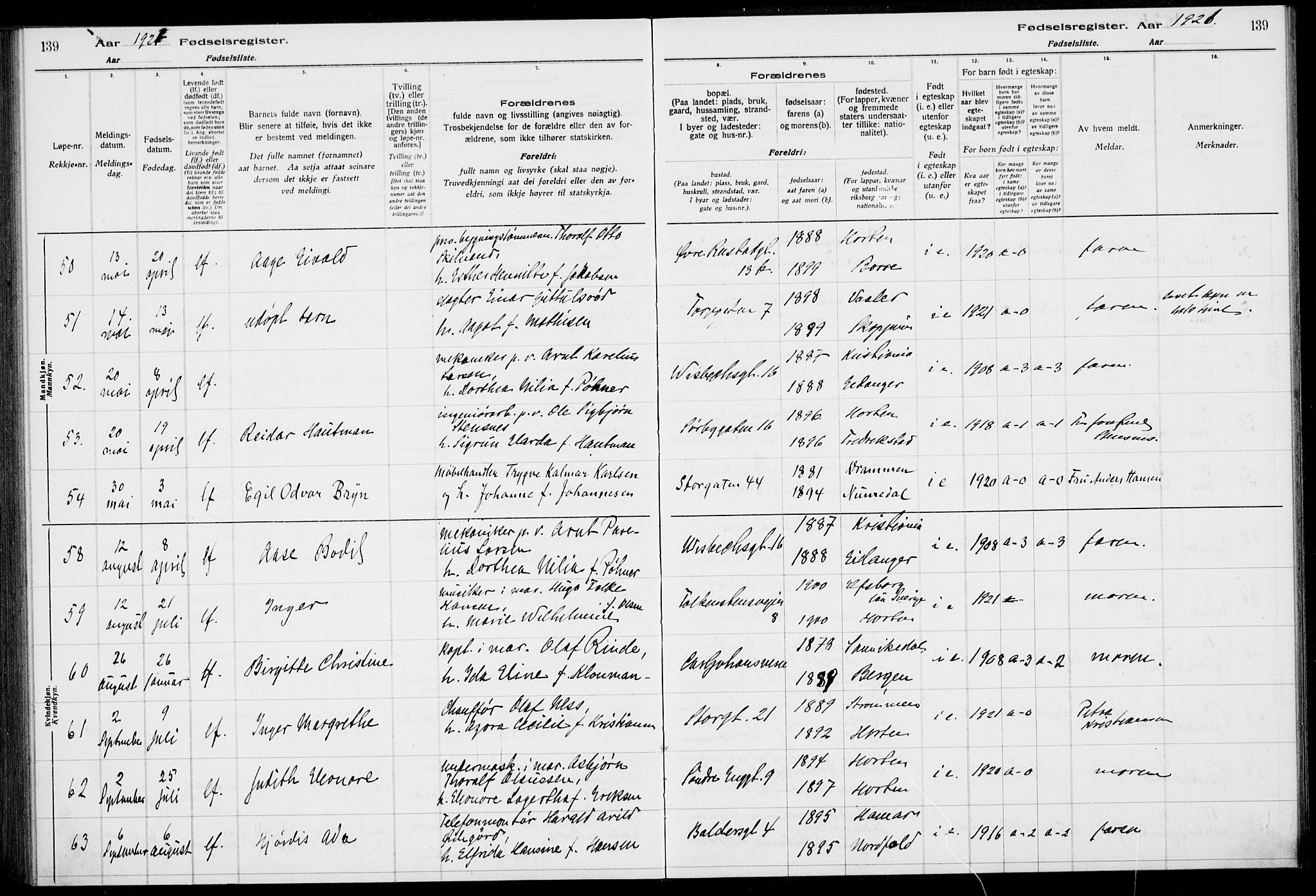 Horten kirkebøker, AV/SAKO-A-348/J/Ja/L0001: Birth register no. 1, 1916-1923, p. 139