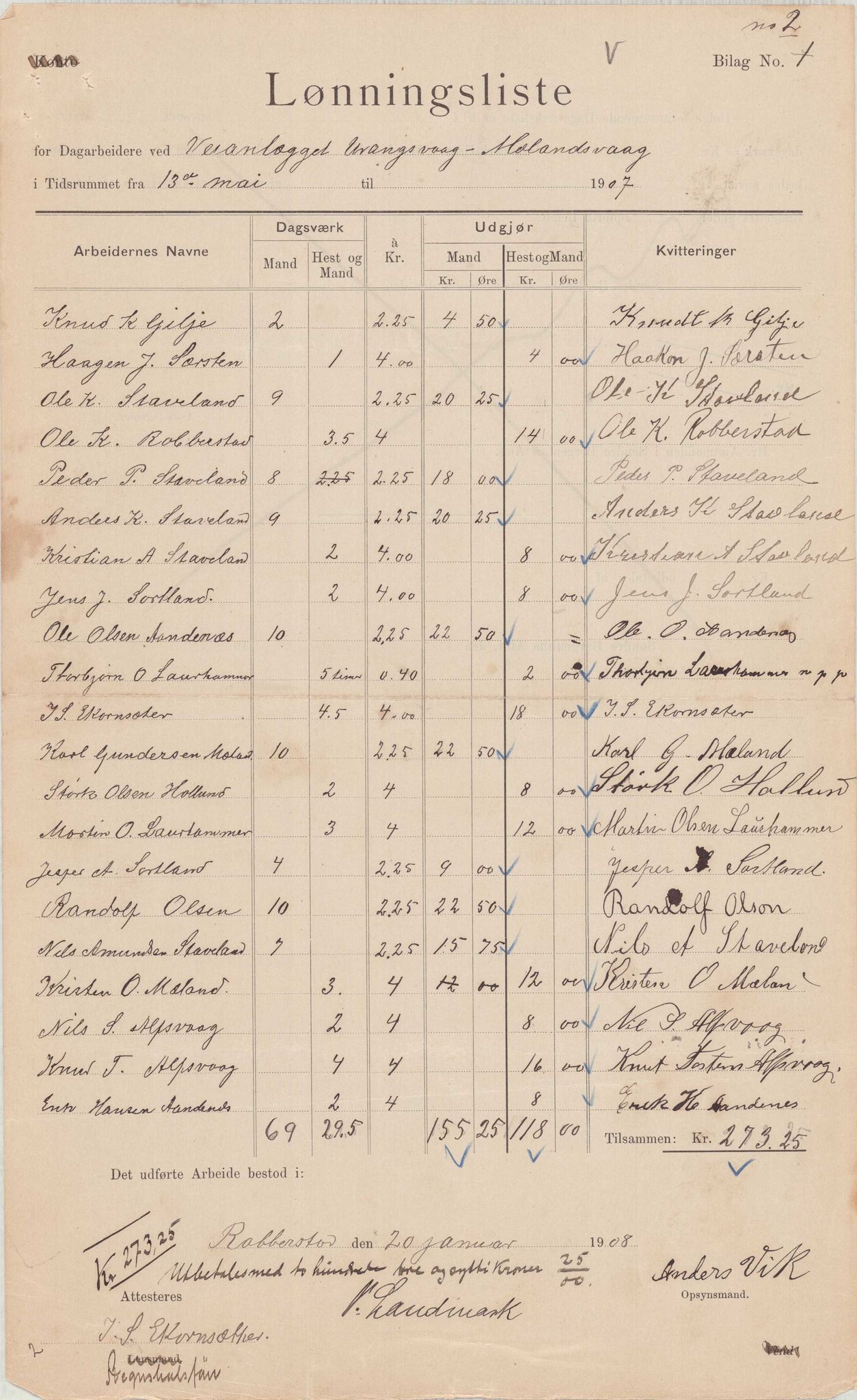 Finnaas kommune. Formannskapet, IKAH/1218a-021/E/Ea/L0002/0005: Rekneskap for veganlegg / Rekneskap for veganlegget Urangsvåg - Mælandsvåg, 1907-1909, p. 24