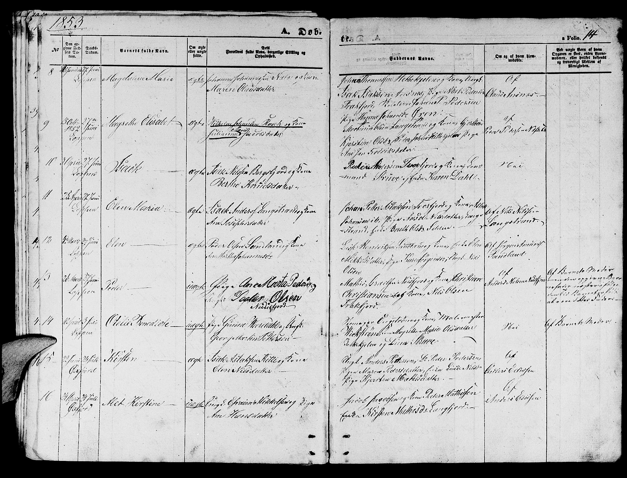 Loppa sokneprestkontor, AV/SATØ-S-1339/H/Hb/L0002klokker: Parish register (copy) no. 2, 1850-1880, p. 14