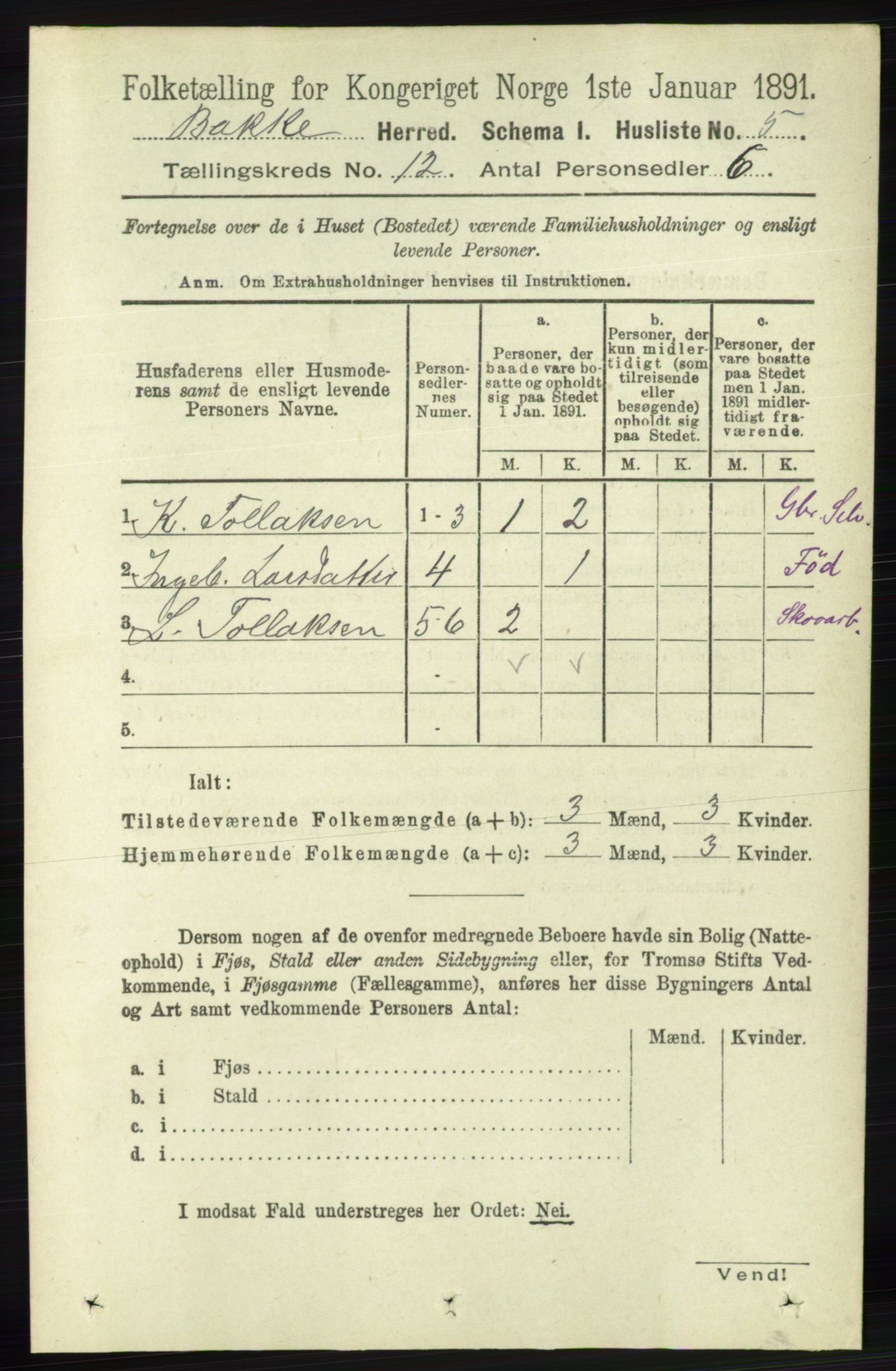 RA, 1891 census for 1045 Bakke, 1891, p. 2383