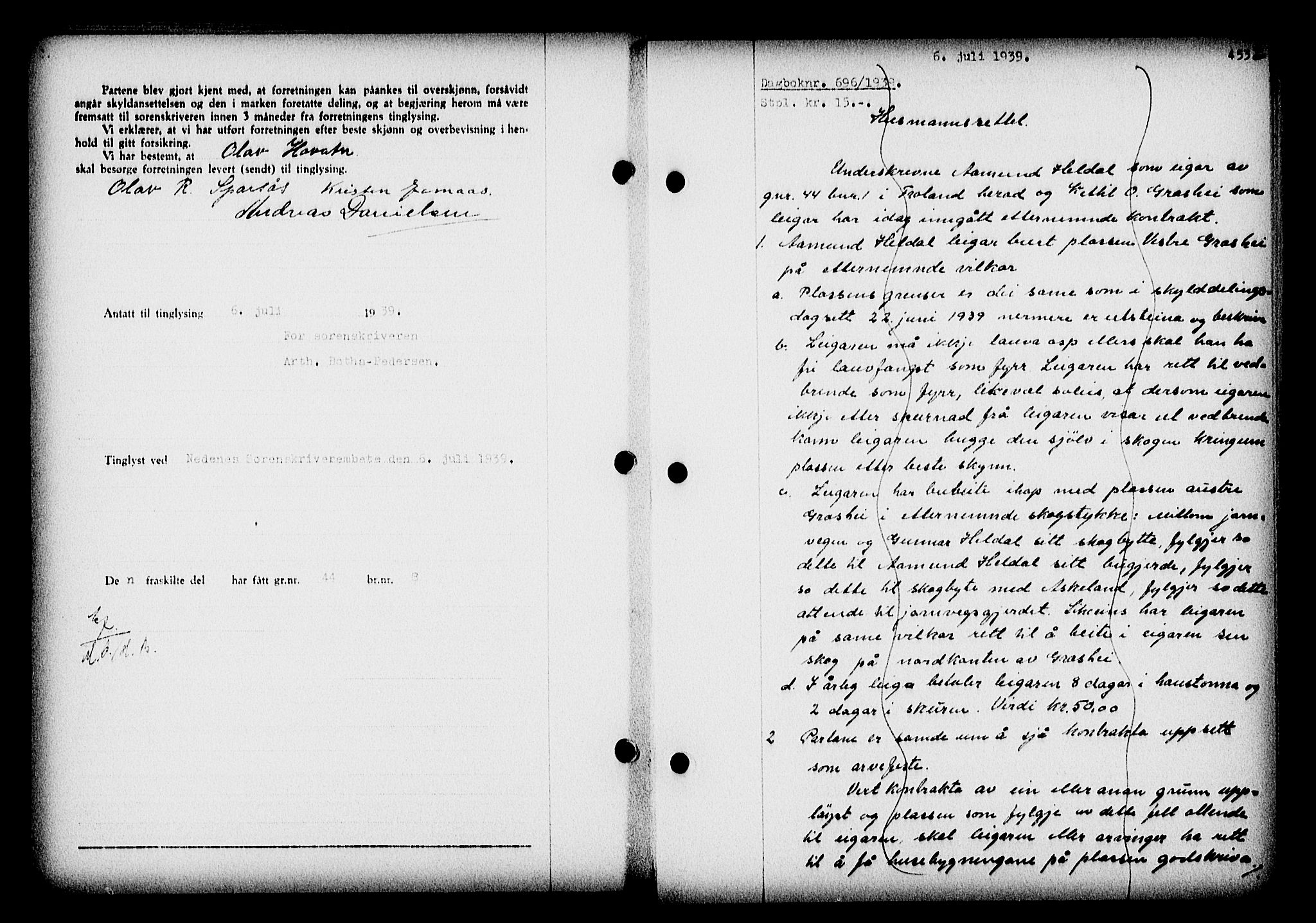 Nedenes sorenskriveri, SAK/1221-0006/G/Gb/Gba/L0046: Mortgage book no. 42, 1938-1939, Diary no: : 696/1939
