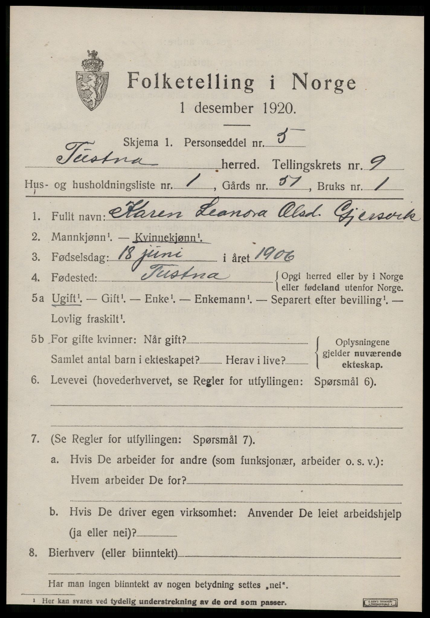 SAT, 1920 census for Tustna, 1920, p. 3833