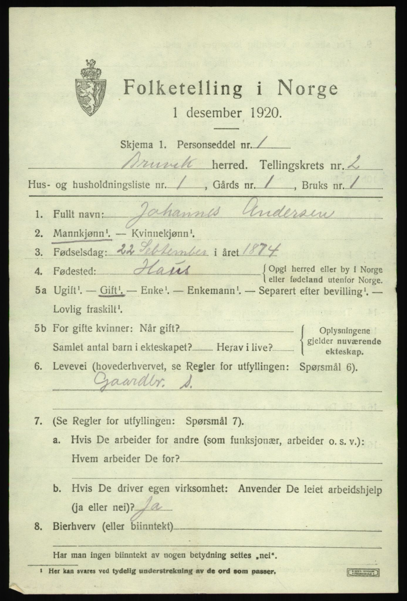 SAB, 1920 census for Bruvik, 1920, p. 1356