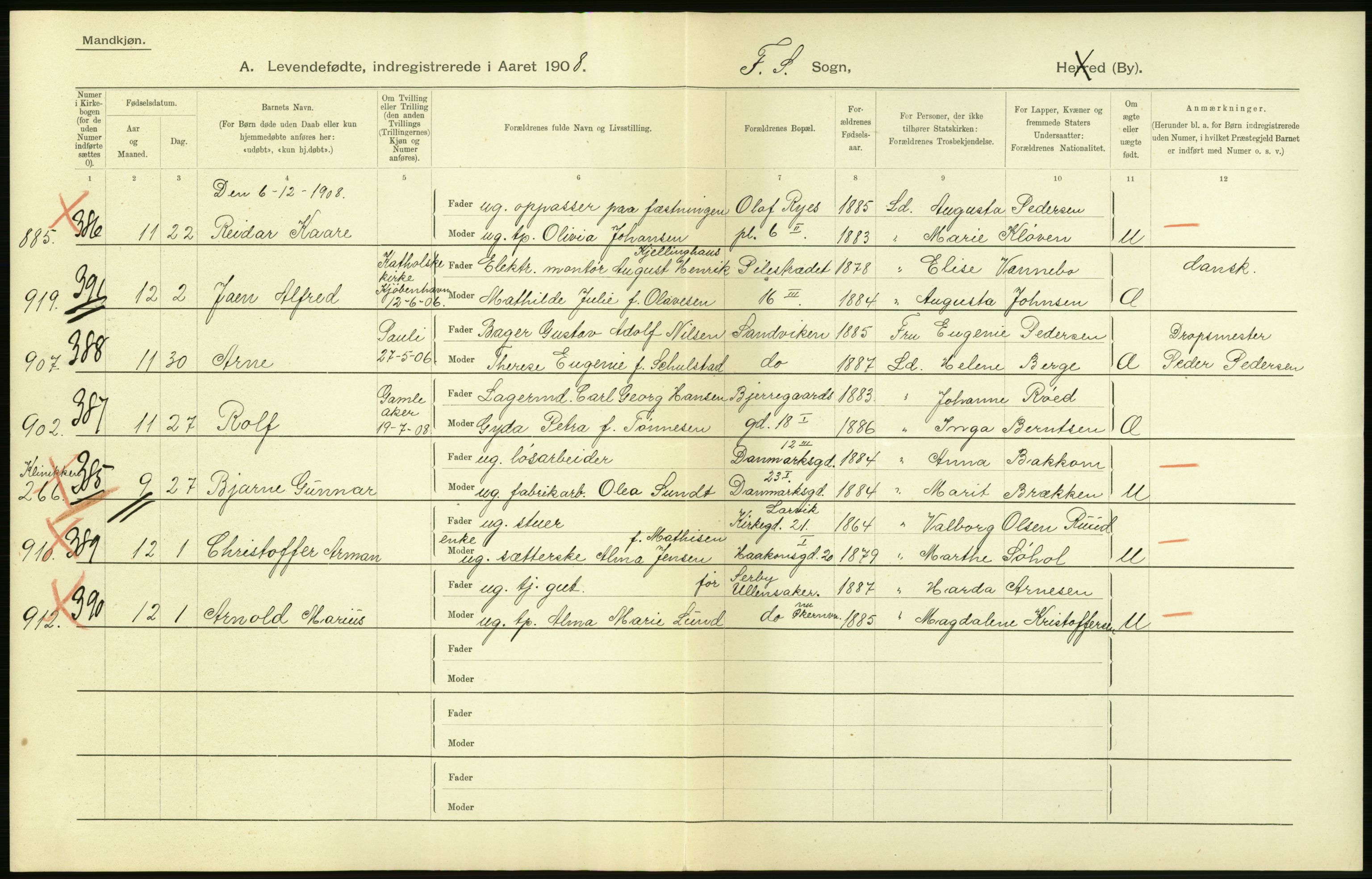Statistisk sentralbyrå, Sosiodemografiske emner, Befolkning, AV/RA-S-2228/D/Df/Dfa/Dfaf/L0005: Kristiania: Levendefødte menn og kvinner., 1908, p. 112