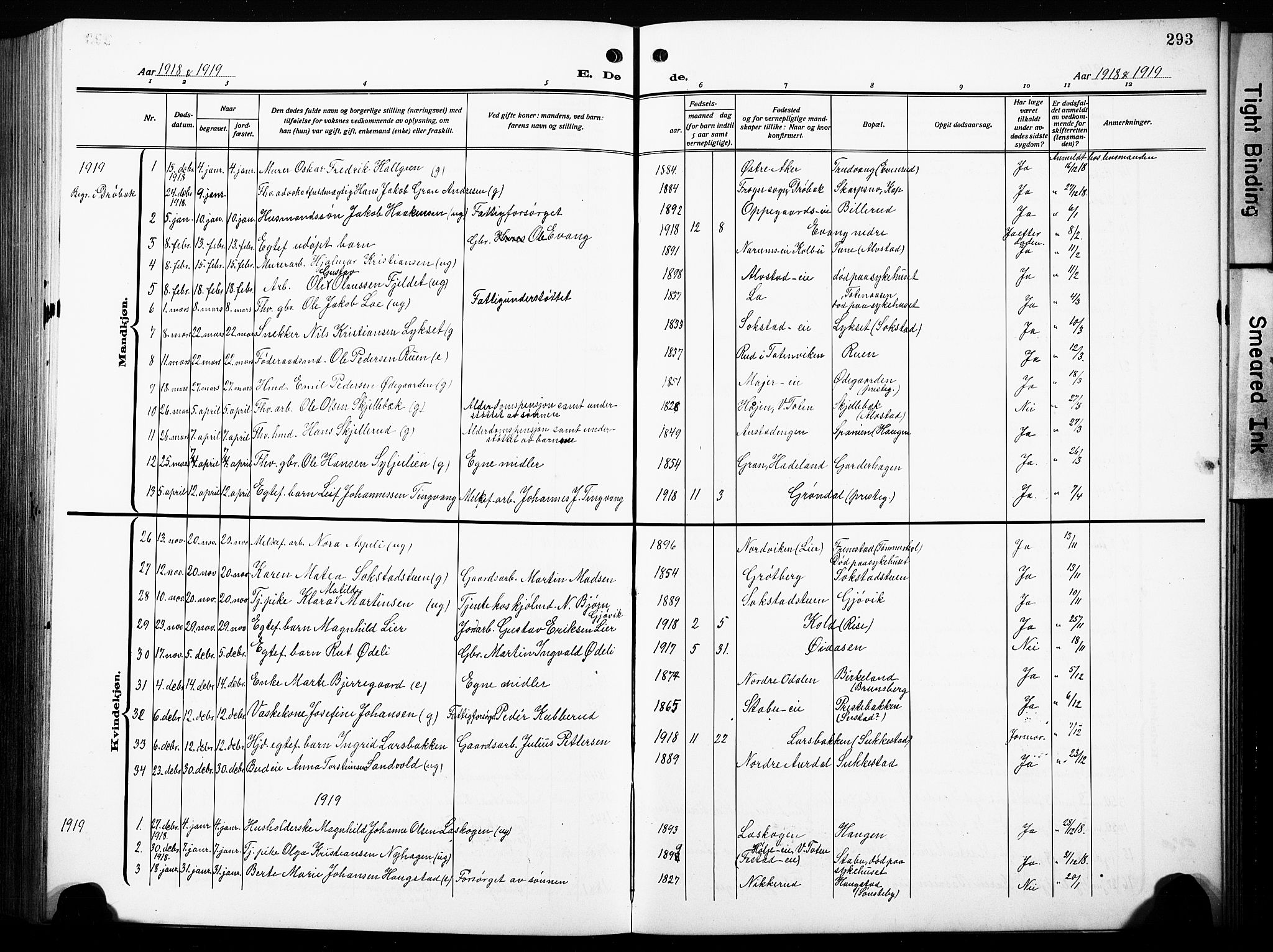 Østre Toten prestekontor, SAH/PREST-104/H/Ha/Hab/L0010: Parish register (copy) no. 10, 1912-1933, p. 293