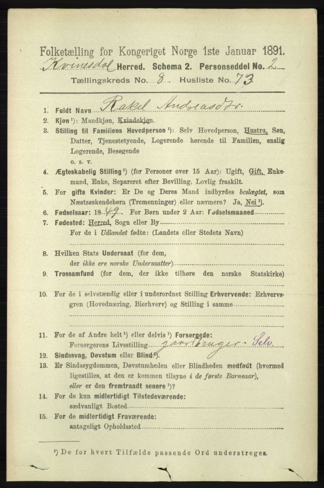 RA, 1891 census for 1037 Kvinesdal, 1891, p. 3201